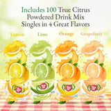 Truae Lemon, Truae Lime, Truae Orange, Truae Grapefruit, Varrirty Pack 100 Count, On-The-Go Powdered Drink Mix Variety Pack, Zero Calorie Unsweetened