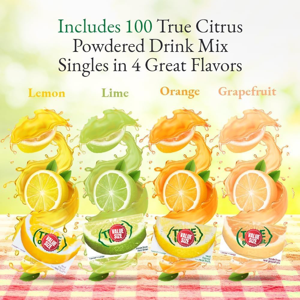 Truae Lemon, Truae Lime, Truae Orange, Truae Grapefruit, Varrirty Pack 100 Count, On-The-Go Powdered Drink Mix Variety Pack, Zero Calorie Unsweetened