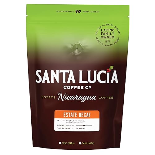 Santa Lucia Coffee - Nicaraguan Estate Decaf Roast - Low Acid, 91 Point, SHG, Small Batch Roasted, Farm Direct, 100% Single-Origin Whole Bean, 1 Bag