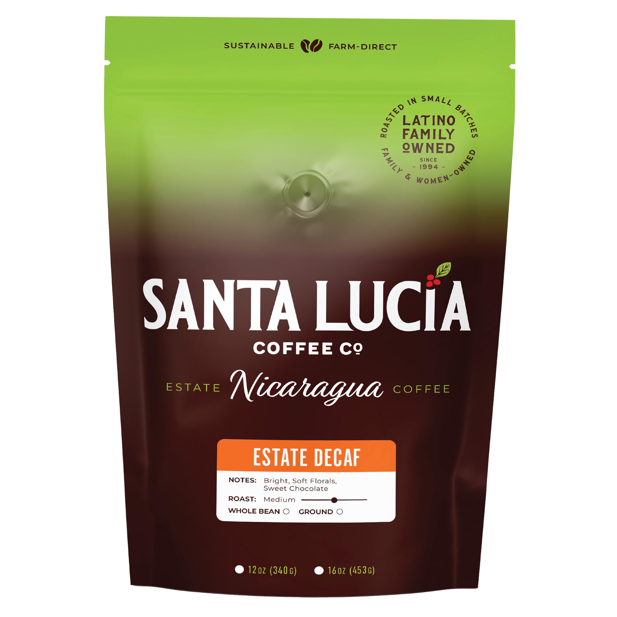 Santa Lucia Coffee - Nicaraguan Estate Decaf Roast - Low Acid, 91 Point, SHG, Small Batch Roasted, Farm Direct, 100% Single-Origin Whole Bean, 1 Bag