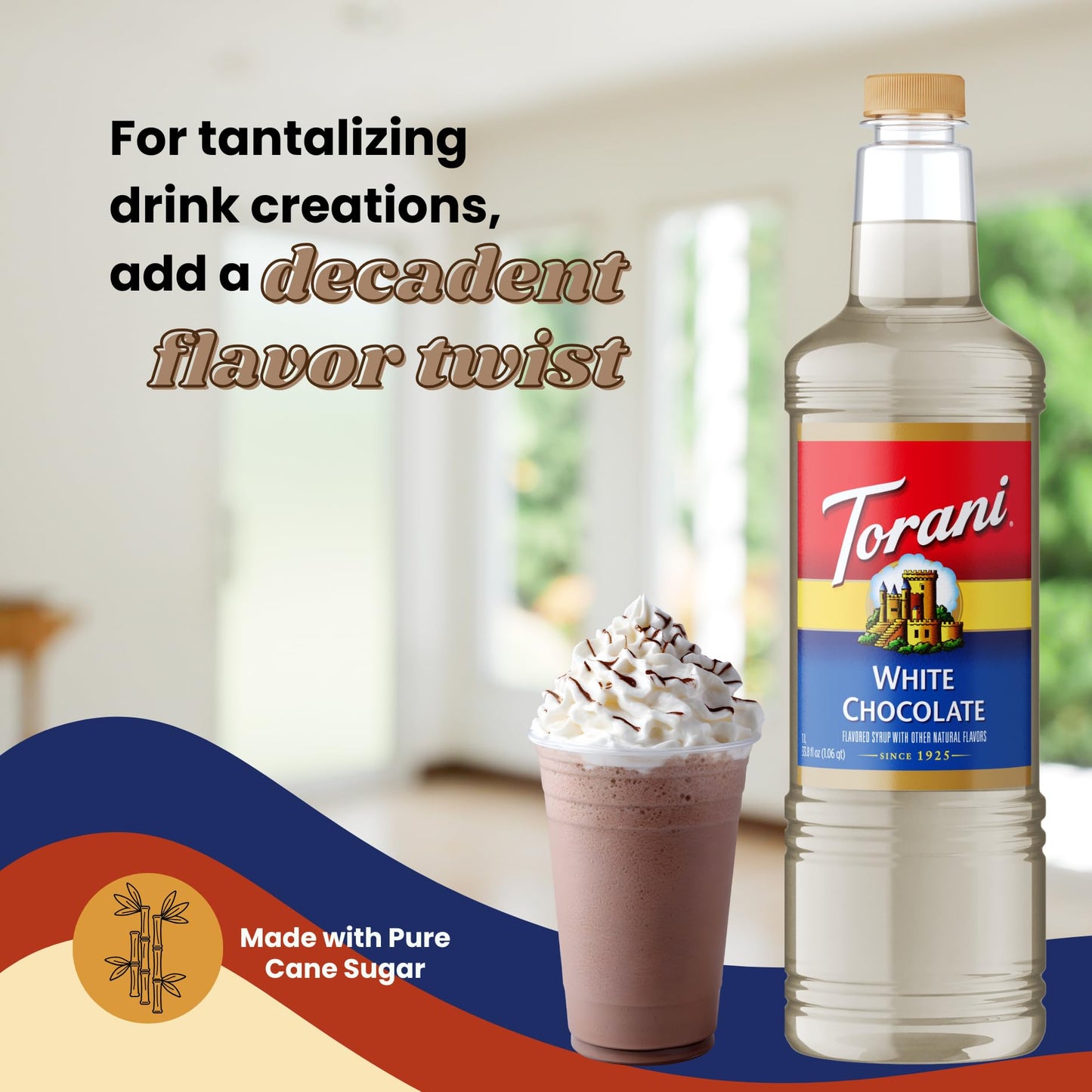 Torani White Chocolate Syrup 1 Liter Bottle with Pump - Premium Coffee Flavoring with Natural Ingredients for Lattes, Mochas, Desserts, Cocktails