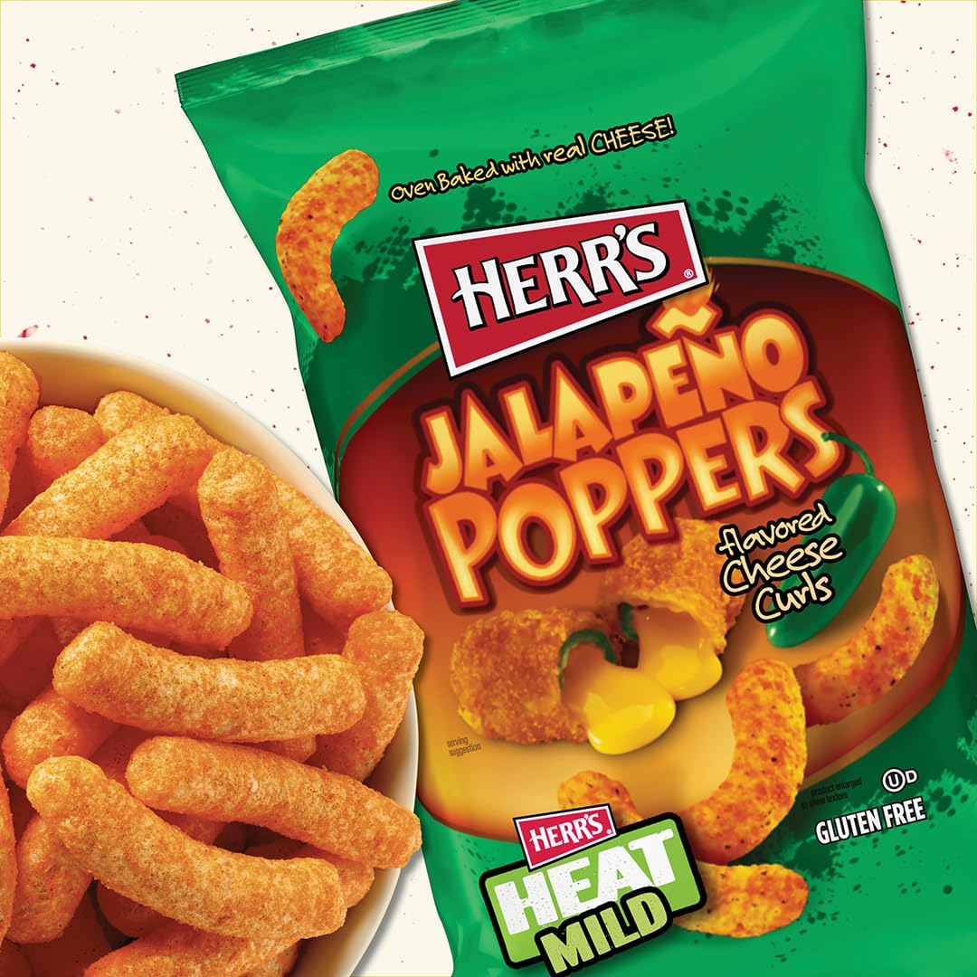 Herr's Jalapeño Poppers Flavored Cheese Curls - Made with Cheddar Cheese - 6 Ounce (Pack of 12) Great for Bold Flavor Fans