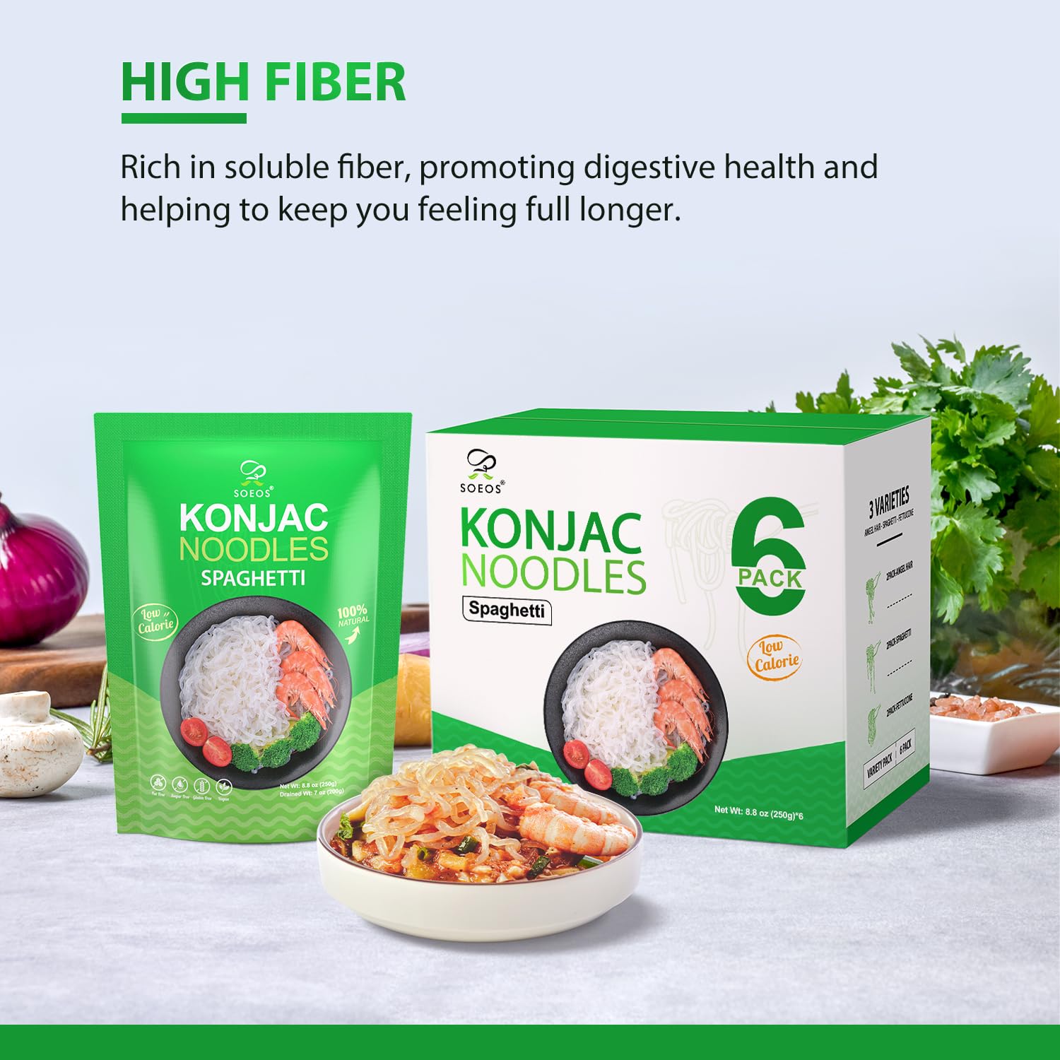 Soeos Konjac Noodles, Spaghetti Pasta, 8.8 oz (250g)*6 Pack, Low Calorie, Low Carb, Keto and Paleo Friendly Shirataki Noodle, Gluten-Free, Fat Free