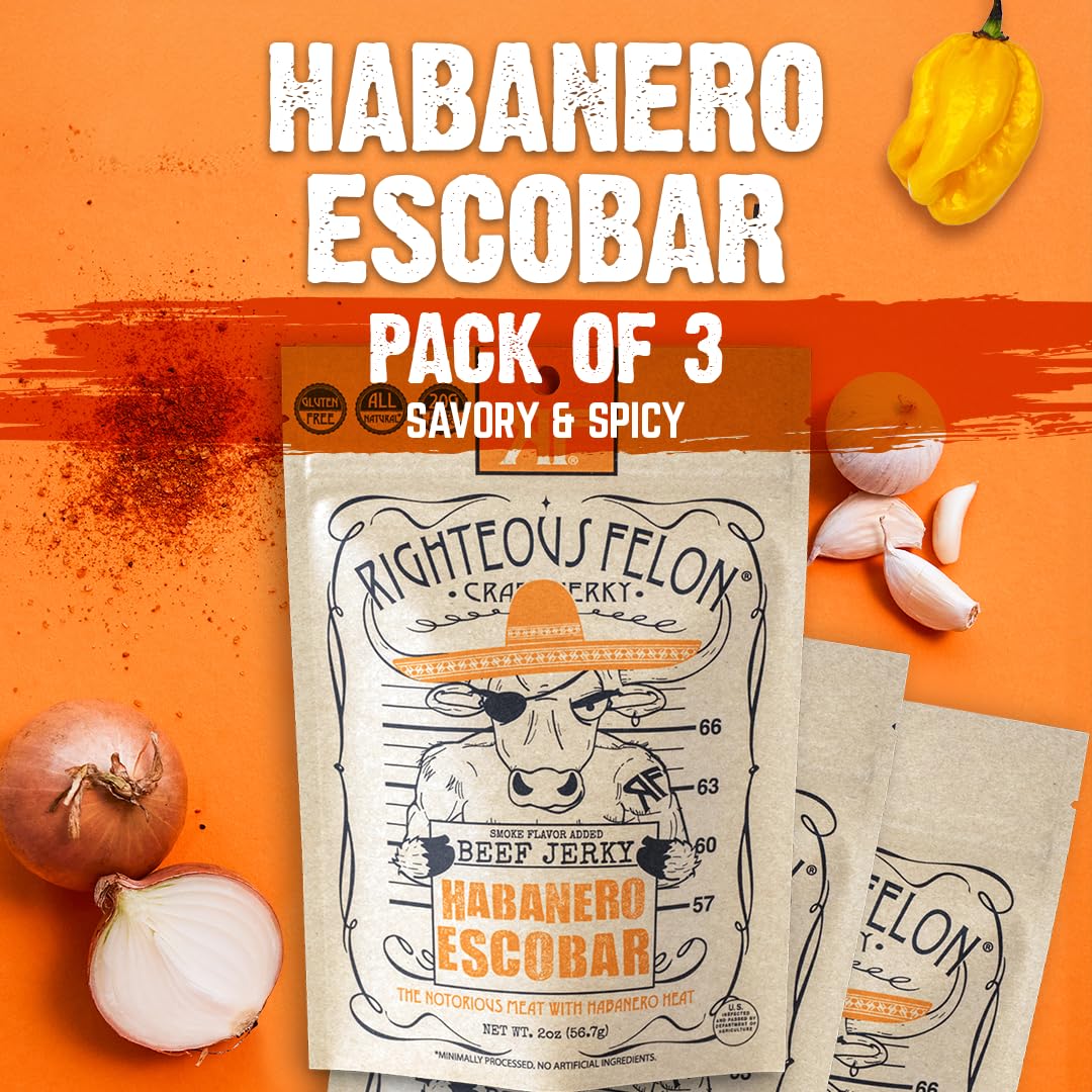 Righteous Felon Beef Jerky - Habanero Escobar Flavor - All-Natural - Locally Sourced & Dried Beef Jerky - Low-Sugar, High-Protein, Healthy Snacks - 2
