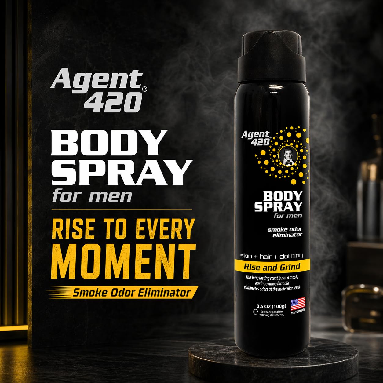 Agent 420 Cannabis & Cigarette Smoke Odor Body Spray for Men, 3.5 oz - Eliminates Odors at the Molecular Level (Rise and Grind)