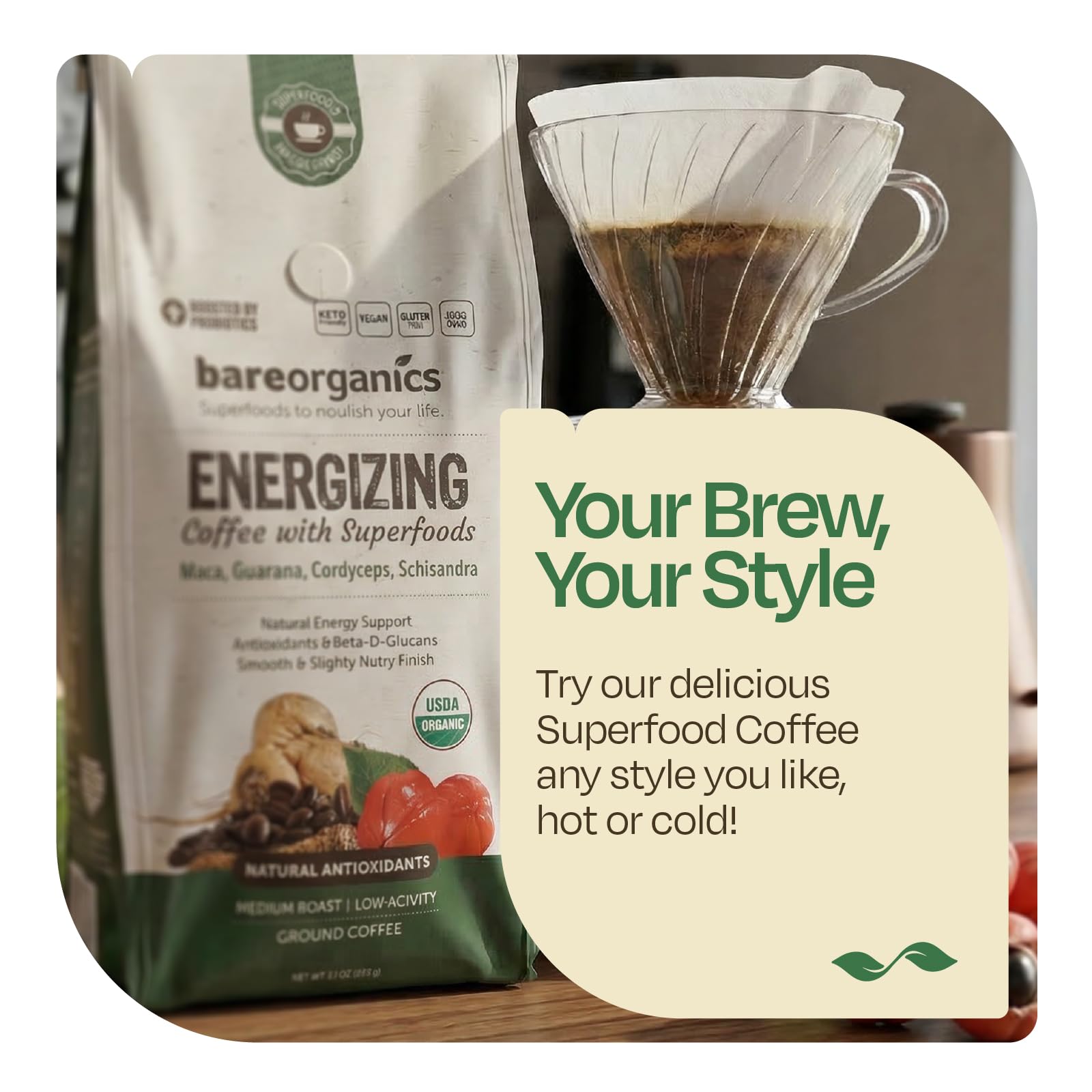 Energizing Artisan Ground Coffee with Superfoods, Medium Roast, Non-GMO & Gluten-free, Maca, Guarana, Cordyceps & Schisandra - 10 oz