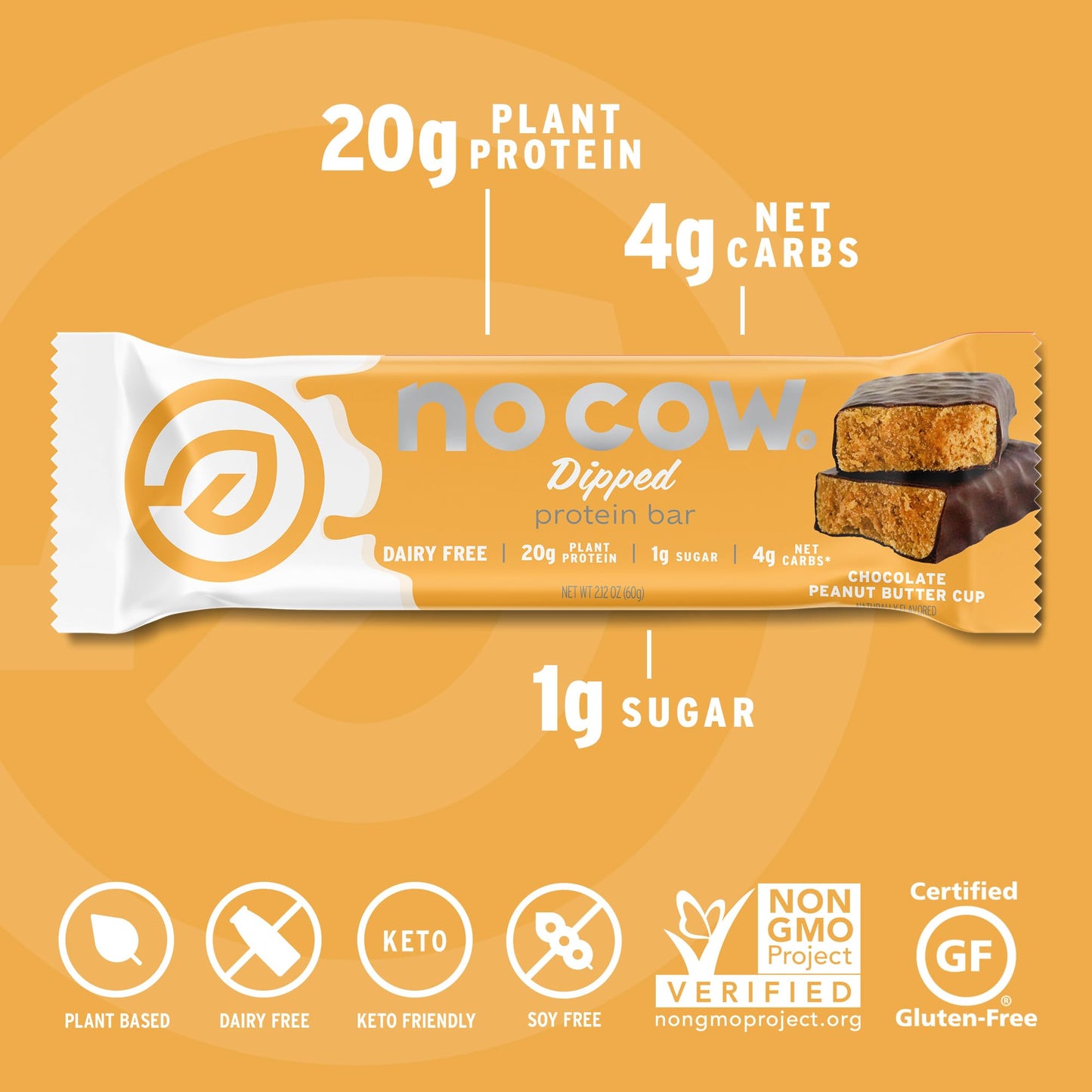 No Cow Vegan Protein Bars, Upgraded Peanut Butter Cup | 20g Plant Based Protein, Gluten Free, Dairy Free, Soy Free, Keto Friendly, Low Sugar, High