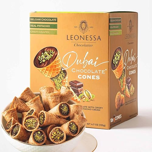 Leonessa Dubai Chocolate Cones with Pistachio Kunafa | Made with Premium Belgian Chocolates | Kunafa Chocolate | Chocolates de Dubai - 4.7 oz