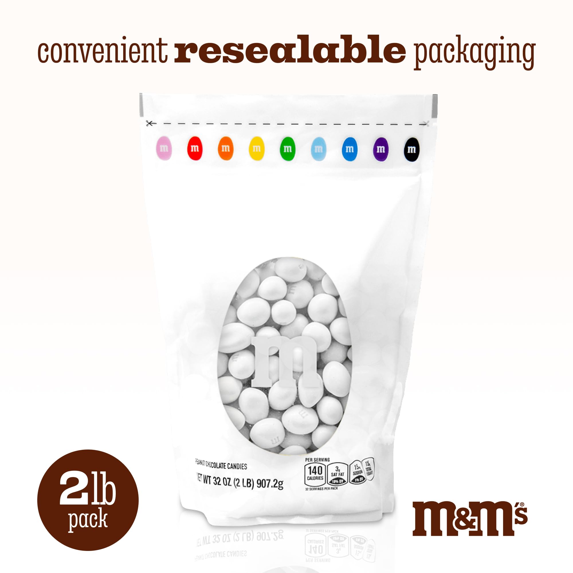 M&M’S WORLD White Peanut Chocolate Candy, 2lbs of Bulk Candy in Resealable Pack for Weddings, Graduations, Dessert Tables, Birthday Parties, Candy
