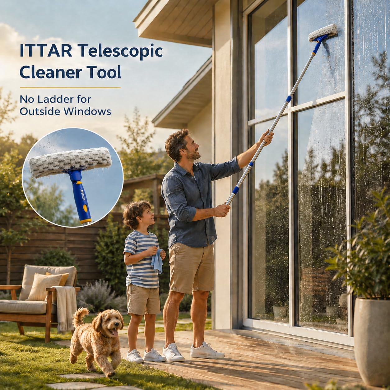 ITTAR Window Squeegee Cleaning Kit with 60 Inch Extension Pole, Glass Cleaner Tool 12" Rubber Blade & 2 Microfiber Pads, Window Washing Equipment