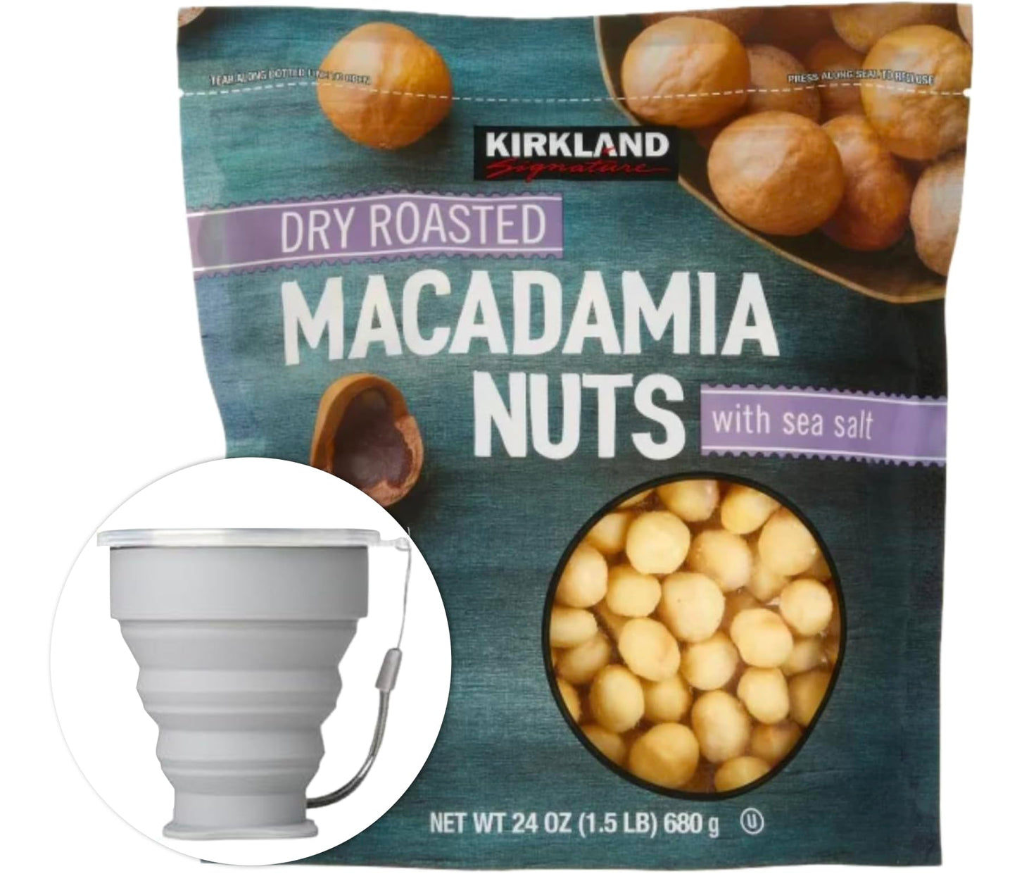 Kirkland Signature Dry Roasted Macadamia Nuts, 1.5 lbs. Item 1195303. Bundle with MORALZA Silicone Collapsible Cup 200ml - 2 Items