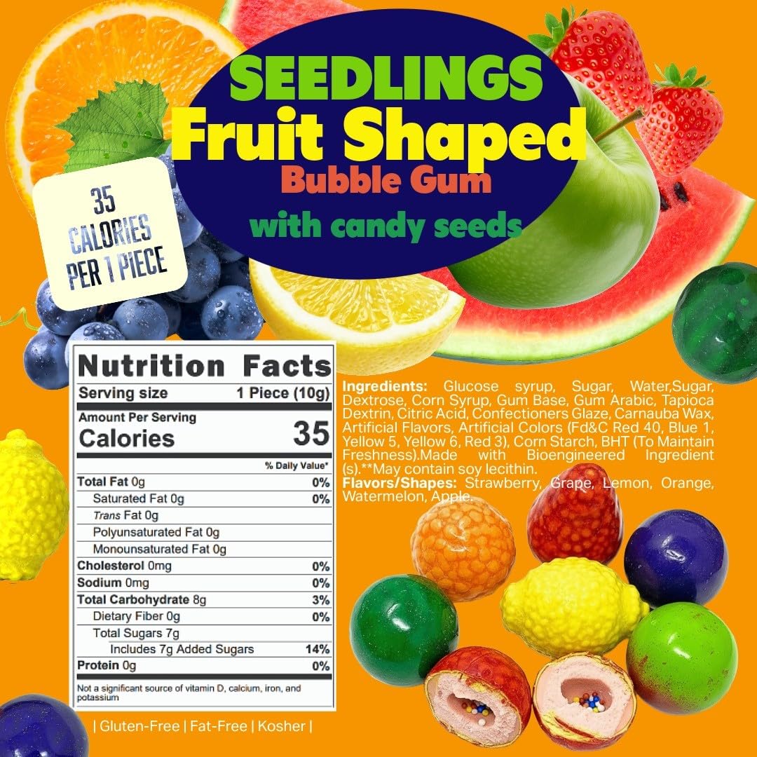 SweetGourmet Seedling Gumballs, 1 Pound Bag, Assorted Fruit-Shaped Bubble Gum with Candy Seeds, 45 Pieces, Kosher, Apple Orange Lemon Strawberry Grape