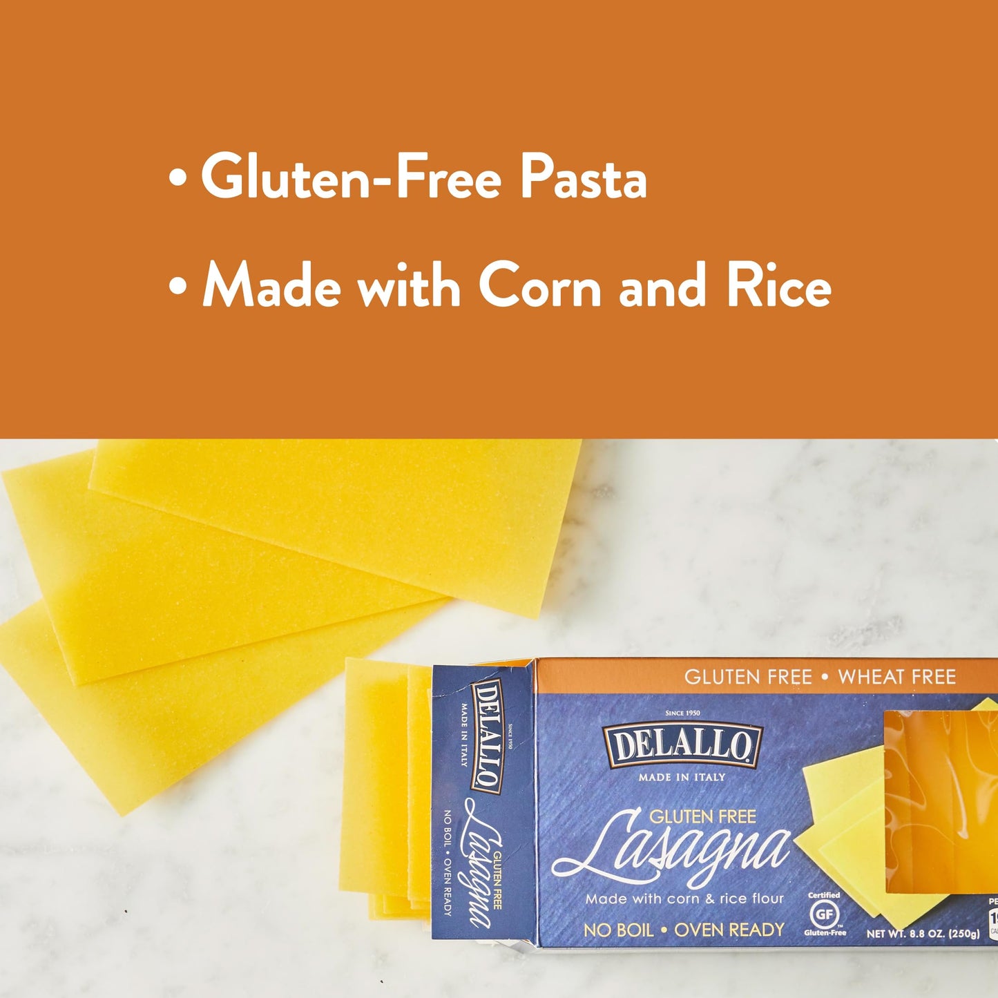 DeLallo Gluten Free Lasagna Noodle Sheets, 8.8 Ounce Box, (5 Pack), Made with Corn and Rice Flour, Oven Ready, No Boil, Non-GMO
