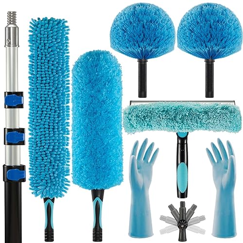 CXU 20 Foot Fan Cleaner High Ceiling 2 Cobweb Dusters with Heavy Duty Extension Pole, Window Squeegee Kit, Household Cleaning Gloves(12ft)