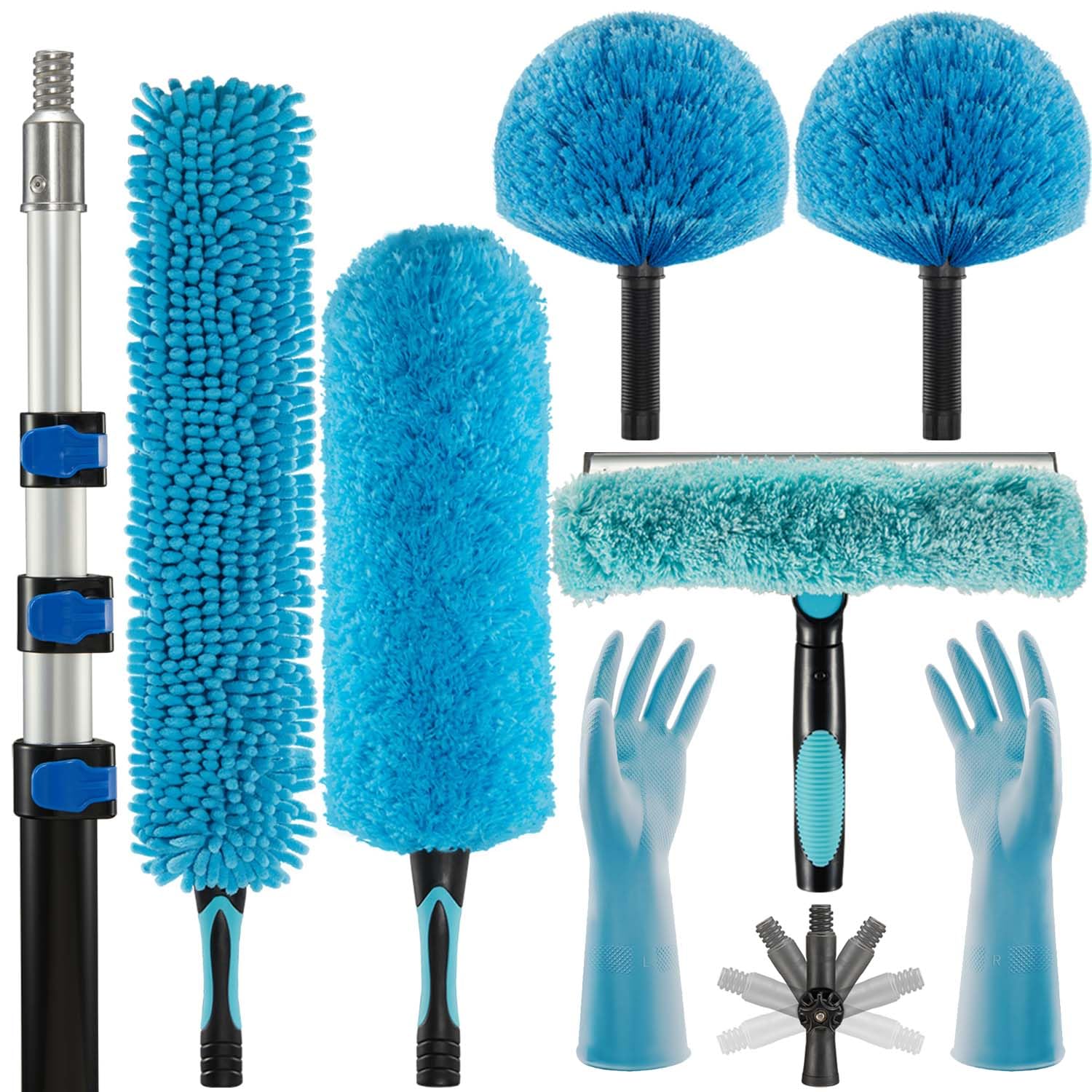 CXU 20 Foot Fan Cleaner High Ceiling 2 Cobweb Dusters with Heavy Duty Extension Pole, Window Squeegee Kit, Household Cleaning Gloves(12ft)