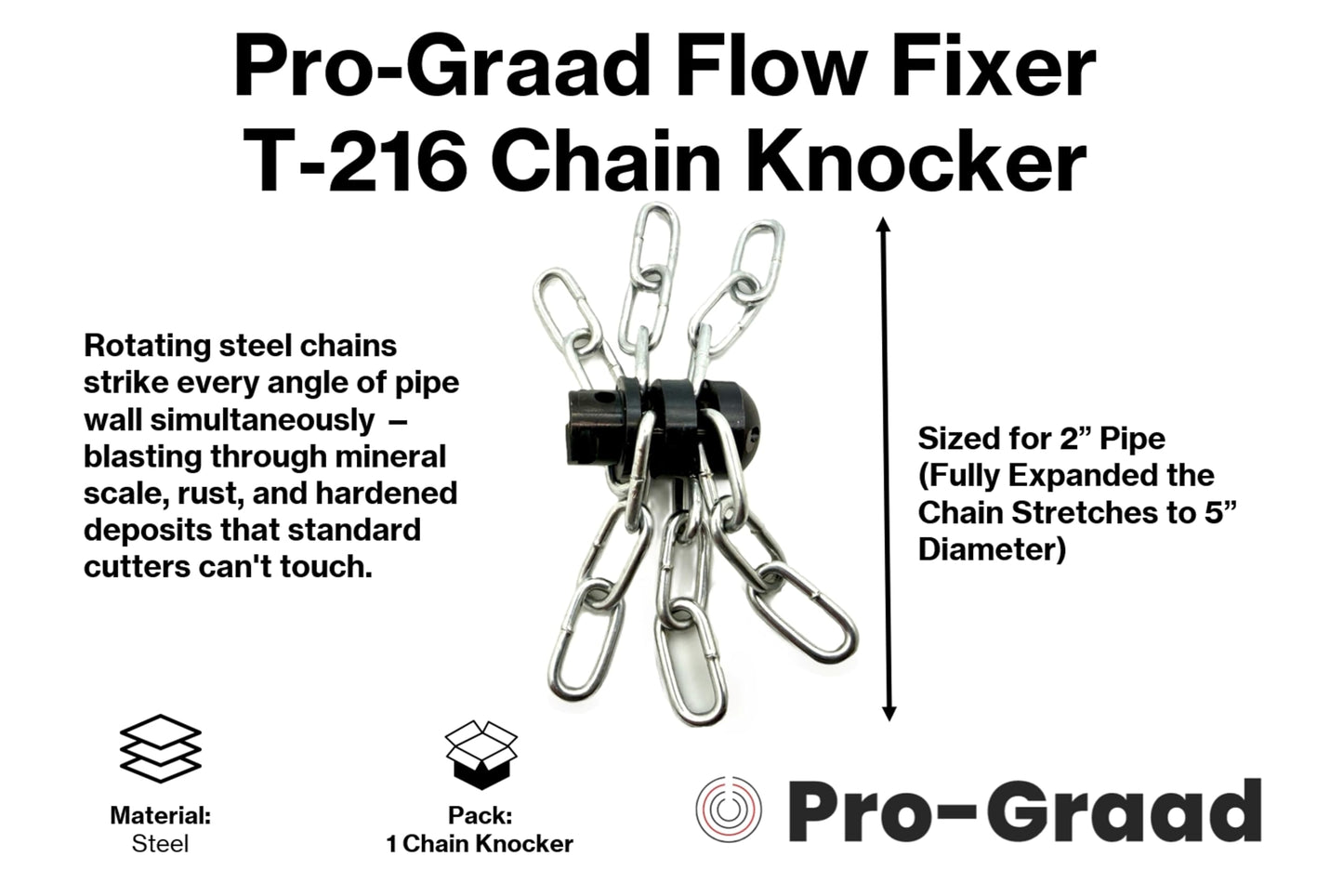 Pro-Graad FlowFixer T-216 2" Chain Knocker Drain Cleaning Head | Heavy Scale Removal | Compatible Fit RIDGID K-50 K-400 K-3800 | C-4 C-6 C-7 C-8 C-9