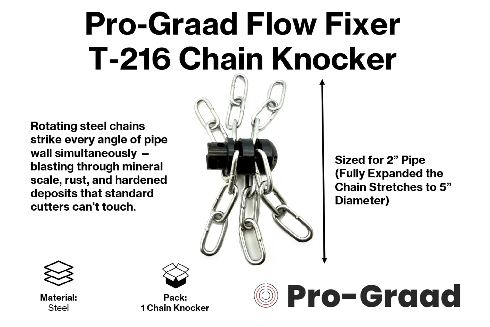 Pro-Graad FlowFixer T-216 2" Chain Knocker Drain Cleaning Head | Heavy Scale Removal | Compatible Fit RIDGID K-50 K-400 K-3800 | C-4 C-6 C-7 C-8 C-9