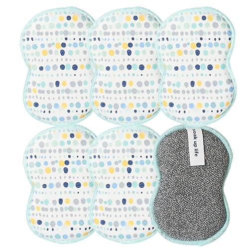 Bright Habits Sponge Set in Dot Blue, 6 Pack Super Absorbent Washable Reusable Cleaning Sponges Made from Recycled Materials, Durable Eco Friendly