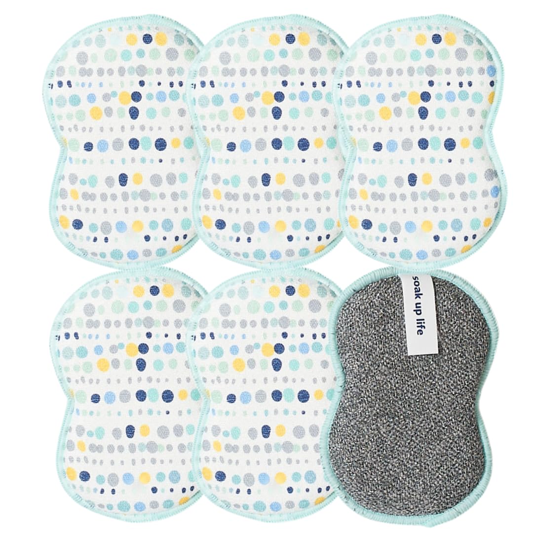 Bright Habits Sponge Set in Dot Blue, 6 Pack Super Absorbent Washable Reusable Cleaning Sponges Made from Recycled Materials, Durable Eco Friendly
