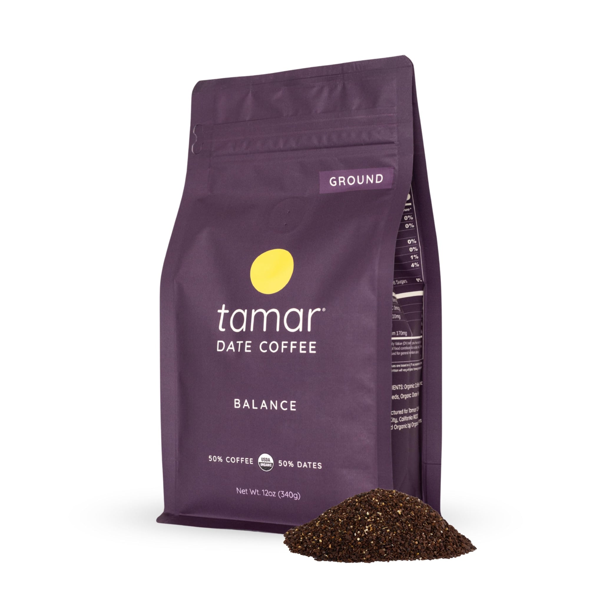 Balance by Tamar Date Coffee | Organic Ground Blend of Coffee & Whole Dates | Low Acid | Less Caffeine | Healthy Sweetness | Boost of Energy | Medium
