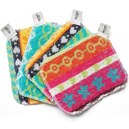 Skoy Scrub, 4-Pack Reusable, Non-Scratching Dish Scrubber for Kitchen and Household Cleaning, Planet-Friendly, Dishwasher Safe Soft Scrub, Assorted