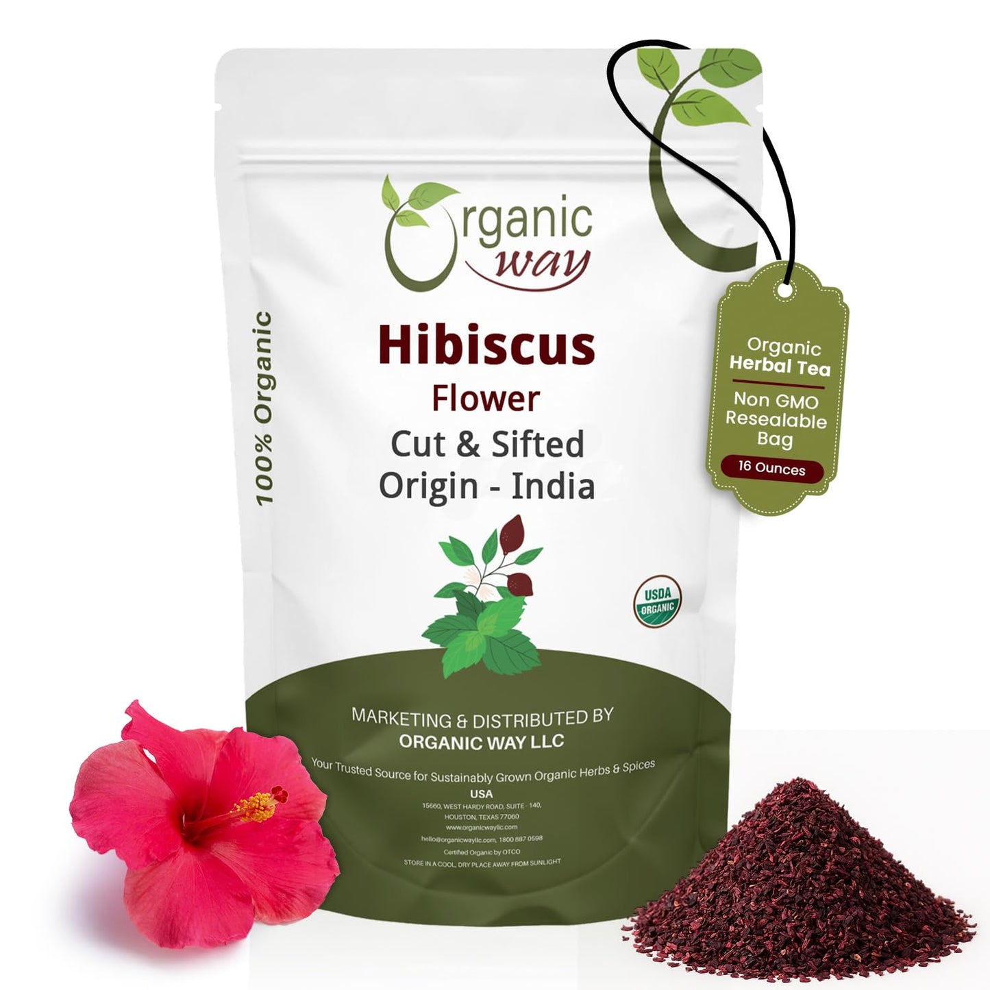 Organic Way Dried Hibiscus Flower Cut & Sifted (Hibiscus rosa-sinensis) | Herbal Tea - Organic & Kosher Certified | Raw, Vegan, Non GMO & Gluten Free