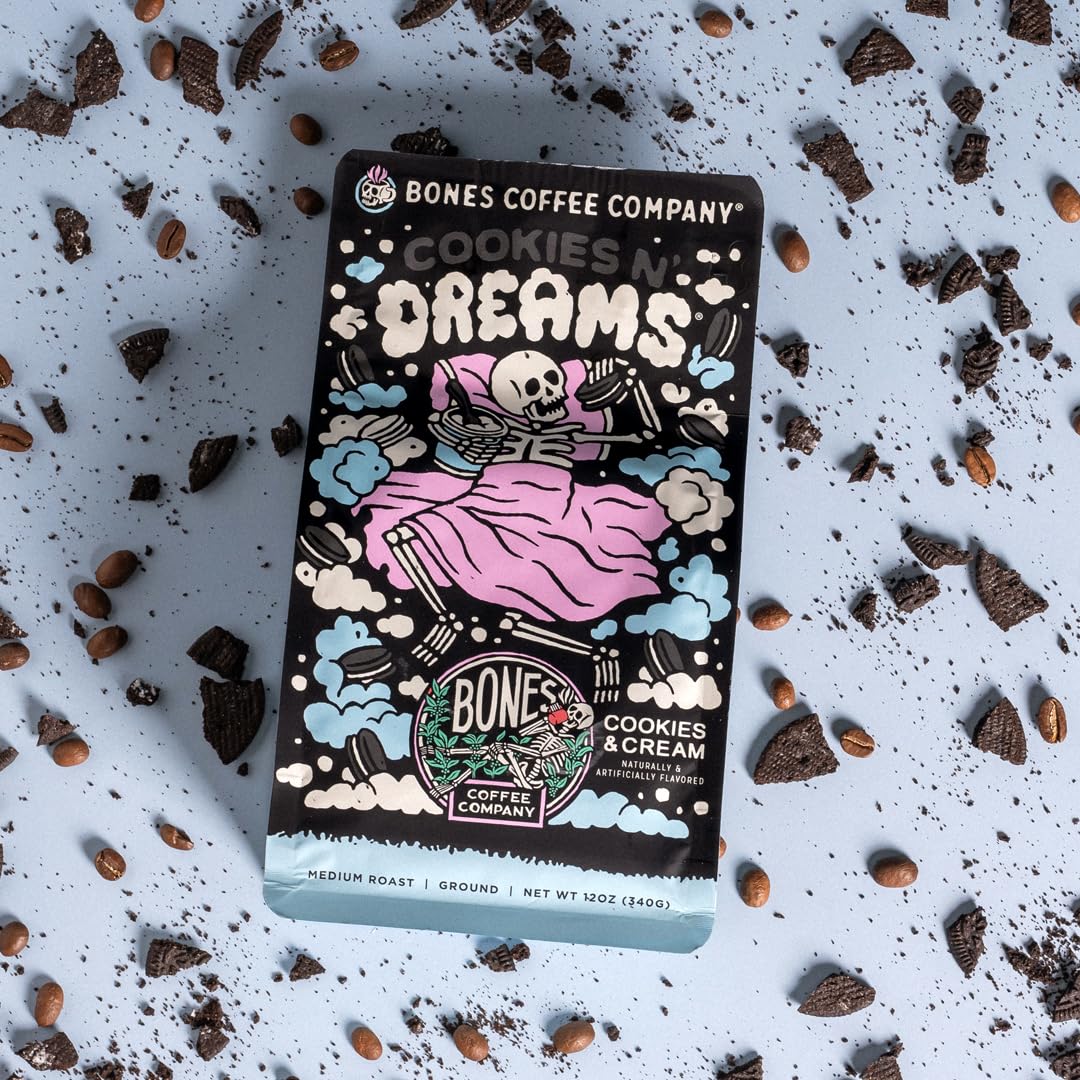 Bones Coffee Company Cookies 'N Dreams Cookies and Cream Flavored Coffee, Medium Roast Low Acid Arabica Beans Compatible with Auto drip and French