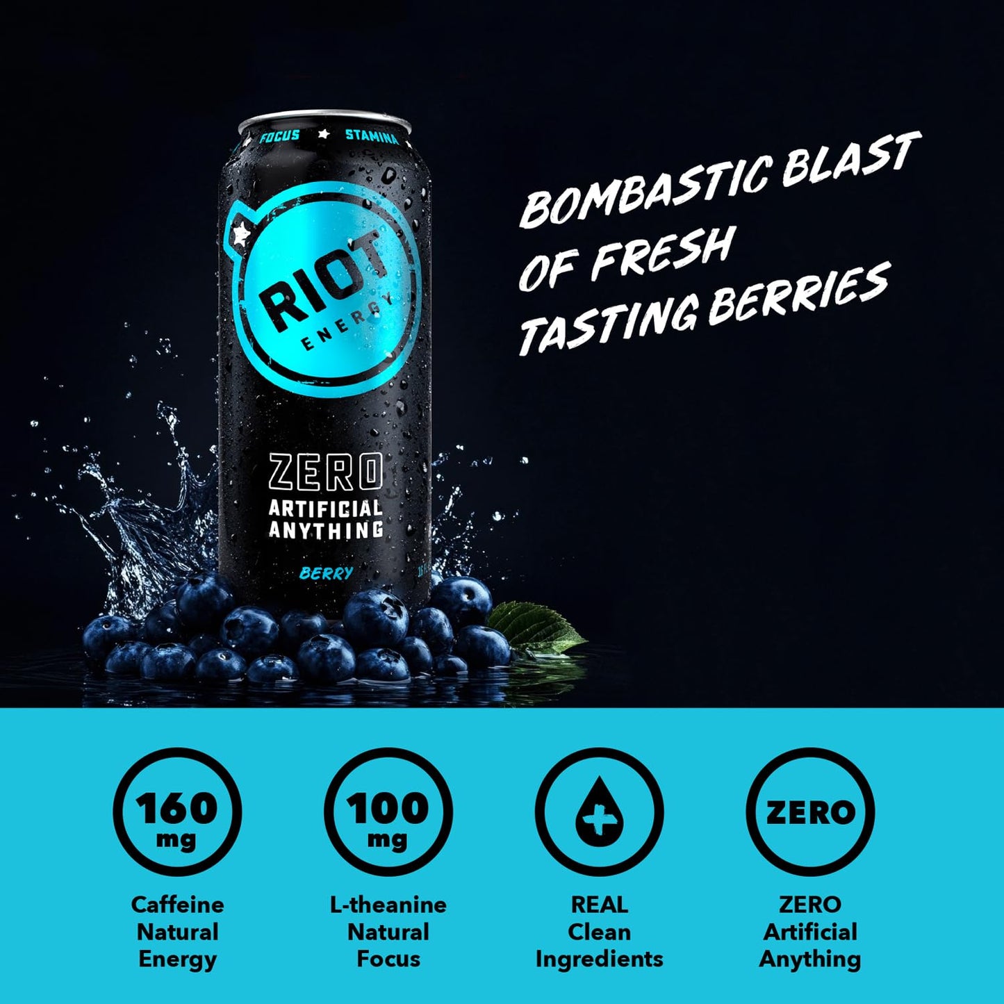 RIOT Clean Energy Drink - Berry | No Sucralose, No Sugar Added, No Artificial Flavors | 160mg Natural Caffeine + 100mg L-Theanine | Clean Focus