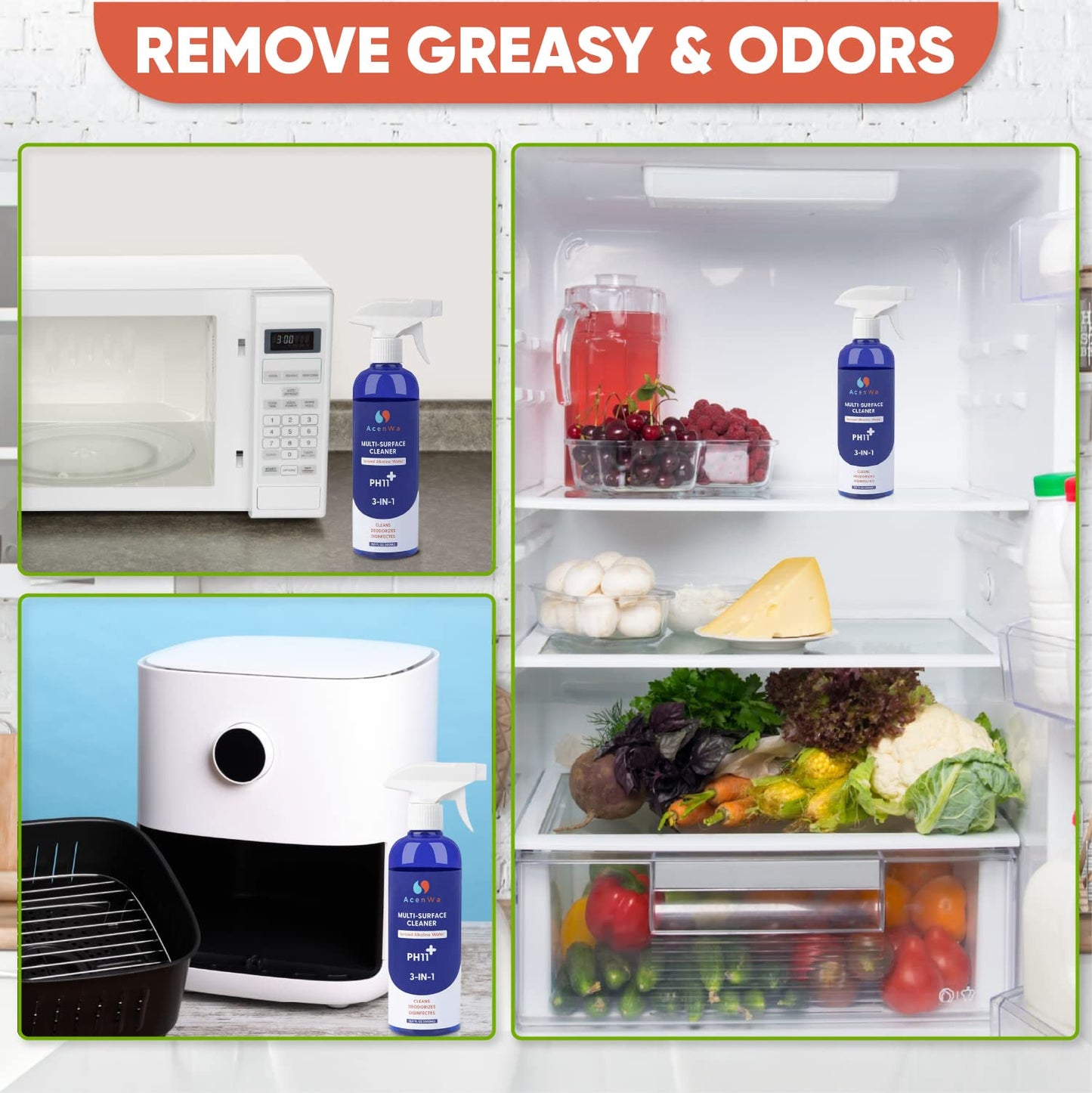 AcenWa Natural Multi-Surface Cleaner is an unscented spray that degreases, deodorizes, work on air fryer, dishe, microwave, stove, table, fridge