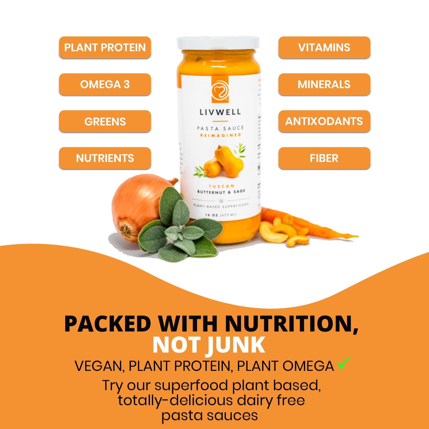 LIVWELL Tuscan Butternut Squash Pasta Sauce - Pack of 6 Plant Based Tuscan Sweet Butternut Squash & Sage Dairy Free Pasta Sauce with Virgin Olive Oil