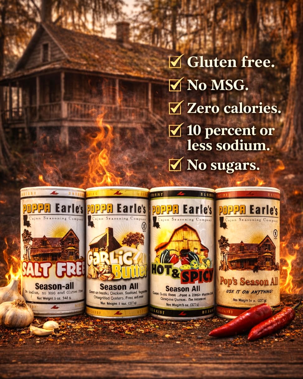 Poppa Earle's Seasoning (Cajun Seasoning Company) Gluten Free and No MSG All Purpose Seasoning "Pops Season-all" Pack of 3 (8) ounce cans