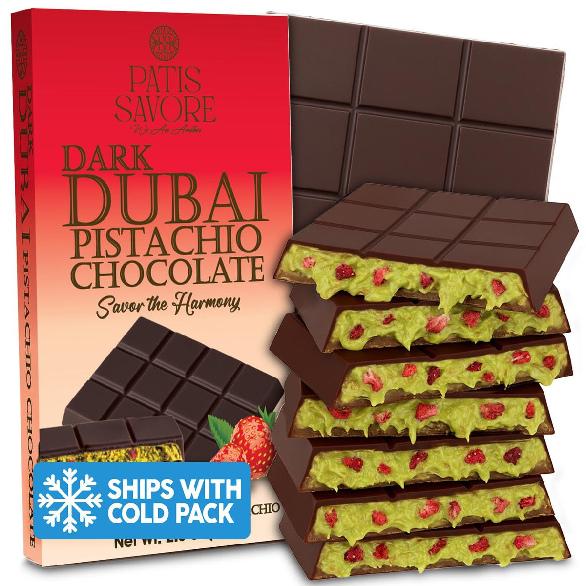 Dubai Dark Chocolate Bar with Strawberry - 2.6oz (75g) | Dark Chocolate Dessert with Strawberry | Gourmet Dubai Chocolate Bar | Elegant Gift Chocolate