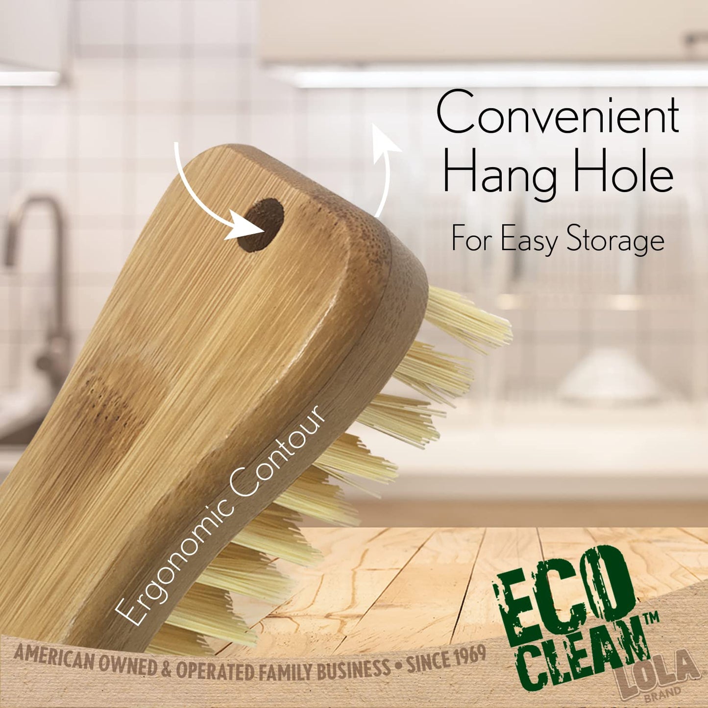 LOLA Bamboo Scrub Brush for Cleaning, Ergonomic Sustainable Durable Poly Bristles Made from Recycled Soda/Water Bottles Easy Hang Hole 1 Pack