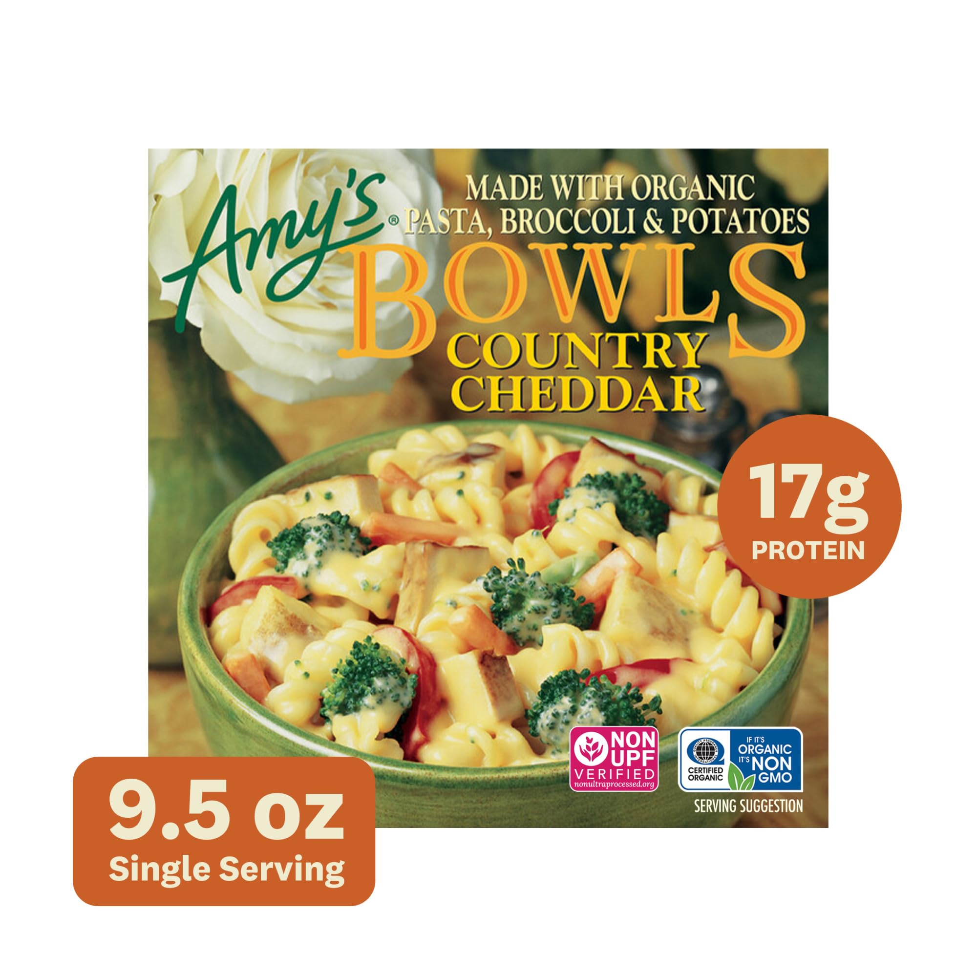 Amy's Frozen Meals, Country Cheddar Bowl, Made With Organic Pasta, Broccoli and Potatoes, Microwave Meals, 9.5 Oz