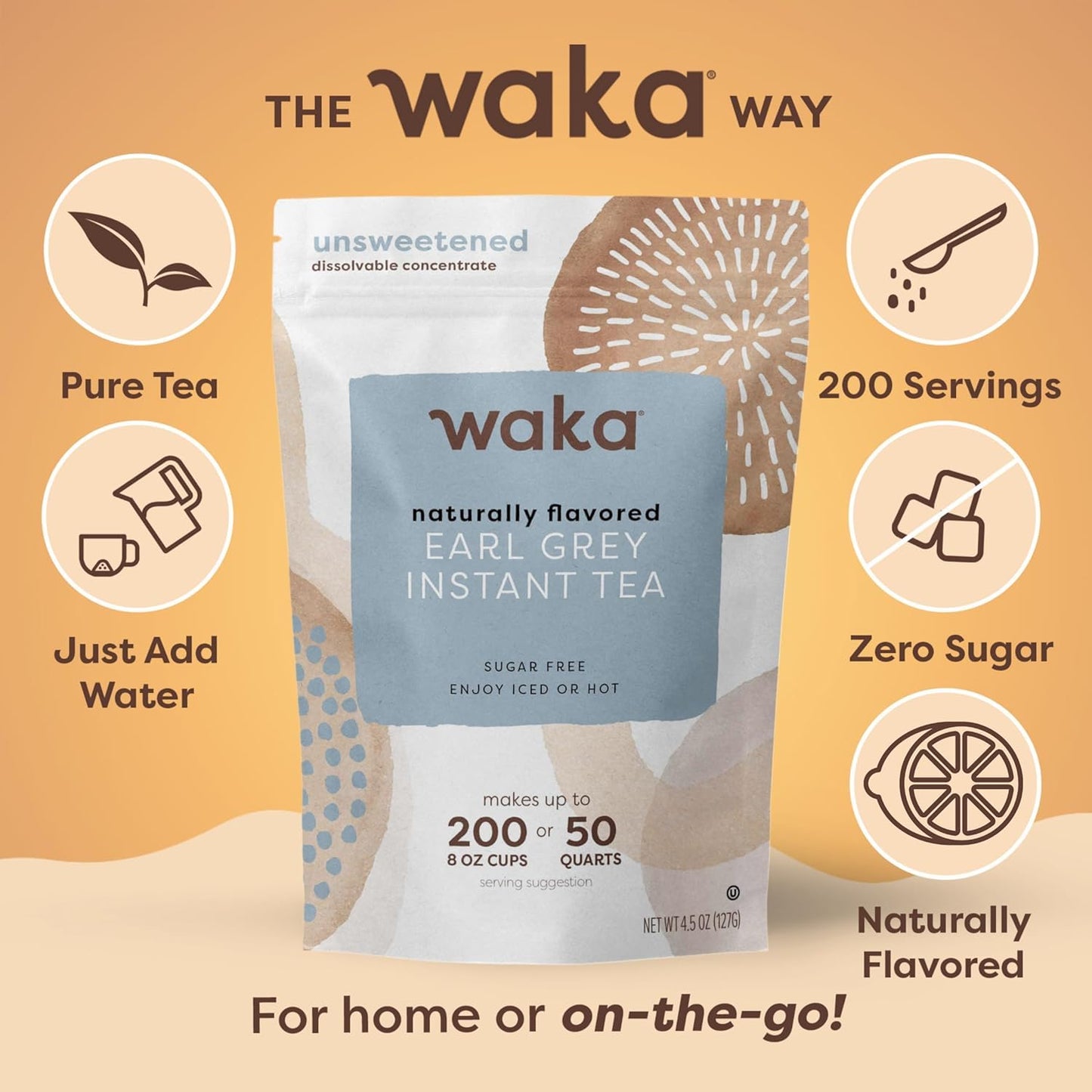 Waka Instant Black Tea Mix, Earl Grey - Black Tea and Pleasant Bergamont Flavor, Unsweetened Powder for 50 Quarts or 200 Cups - Easy and Quick Hot or