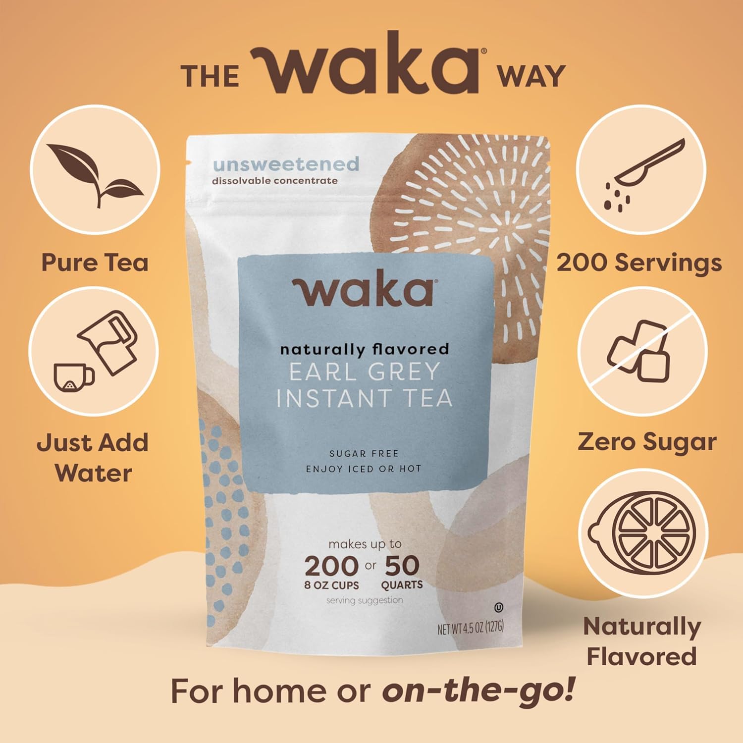 Waka Instant Black Tea Mix, Earl Grey - Black Tea and Pleasant Bergamont Flavor, Unsweetened Powder for 50 Quarts or 200 Cups - Easy and Quick Hot or