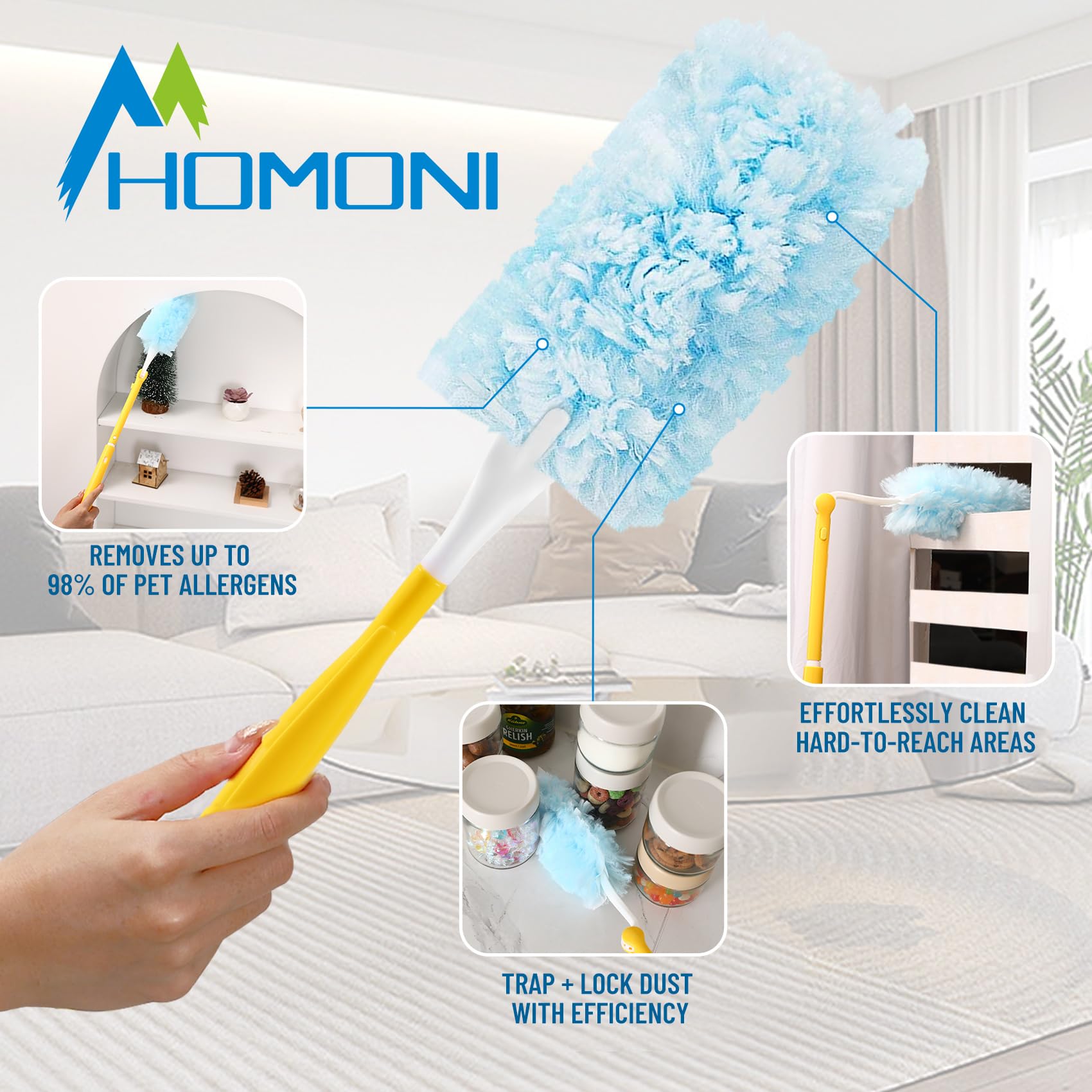 HIMONI Duster Refill for Swiffer, 360 Heavy Duty Refills, Multi Surface, Unscented, Blue, Plastic Handle, Synthetic Head, Soft, Furniture, Fan (30