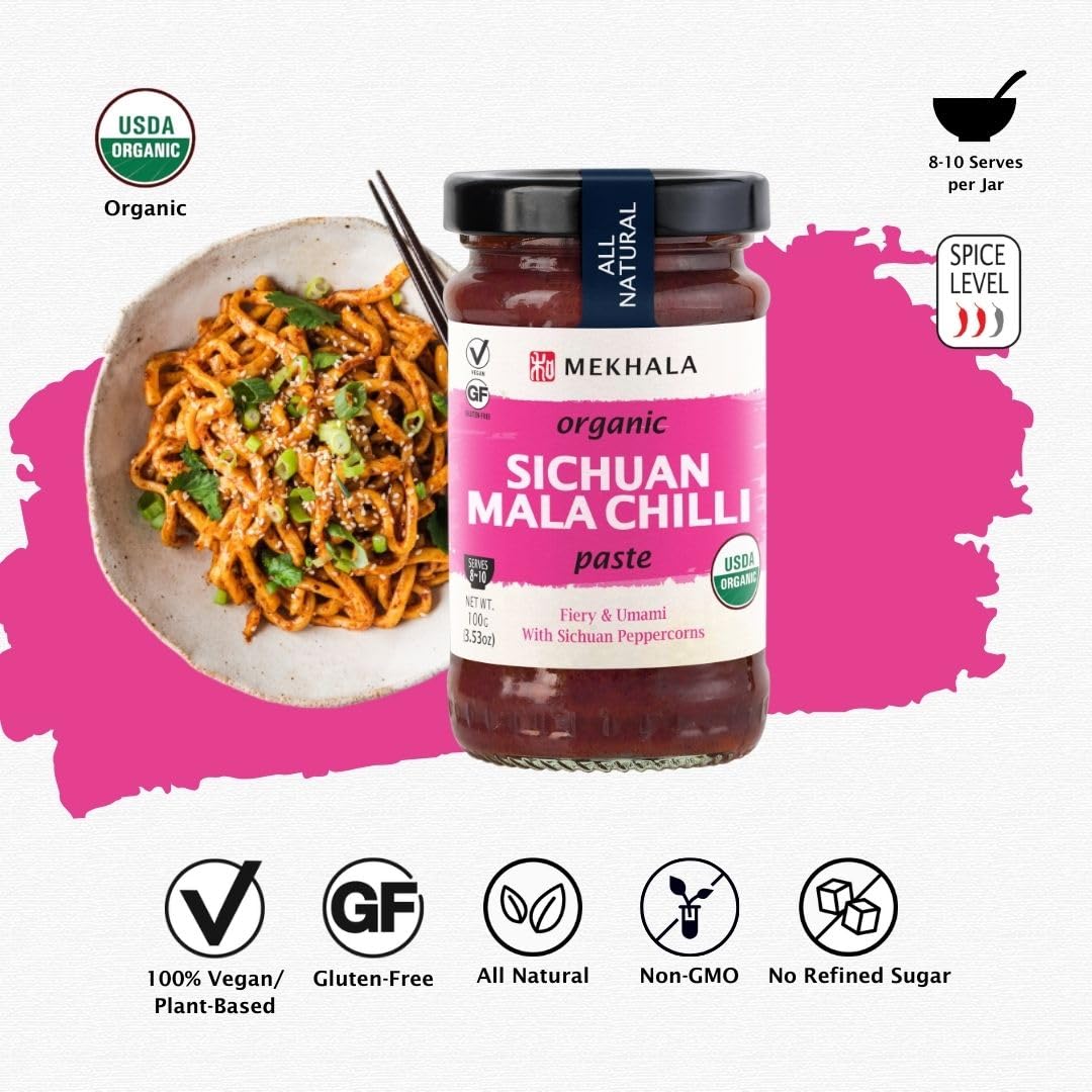 Mekhala Organic Sichuan Mala Chili Cooking Paste. Versatile Condiment, Marinade Seasoning. Spicy Tingly, Vegan. Gluten-Free (3.53oz)