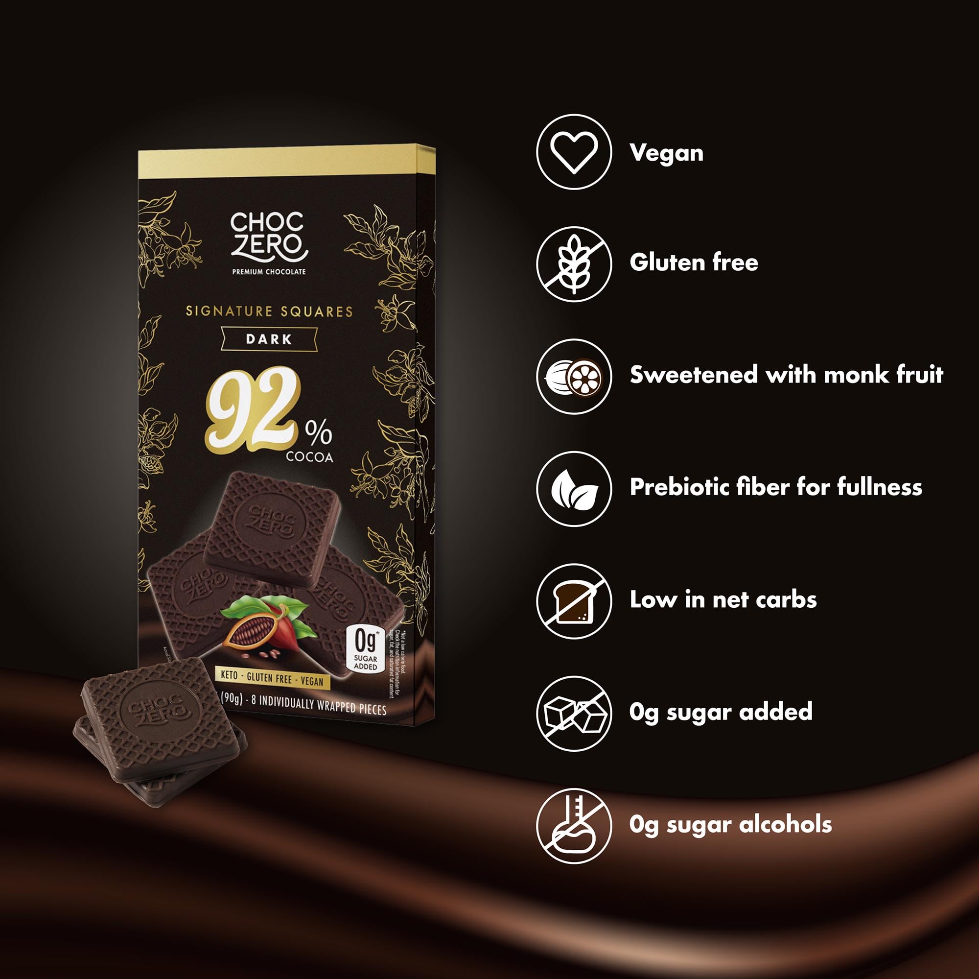 ChocZero 92% Cocoa Ultimate Dark Chocolate Squares - Sugar Free, Vegan, Keto Friendly & High Fiber, No Sugar Alcohols - 4 Count (3.2 oz Boxes)