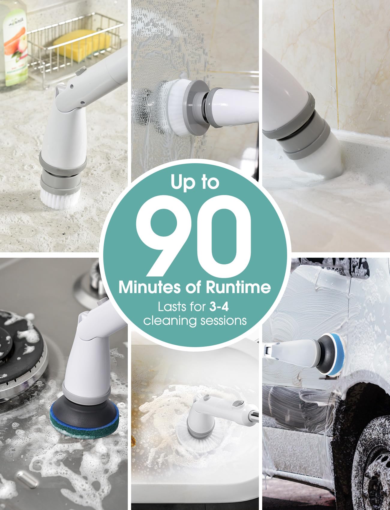 Sweepulire Electric Spin Scrubber for Cleaning, Shower Scrubber with Long Handle, 2 Spin Speeds, Bathroom Scrubber with 8 Replacement Heads, Bath Tub