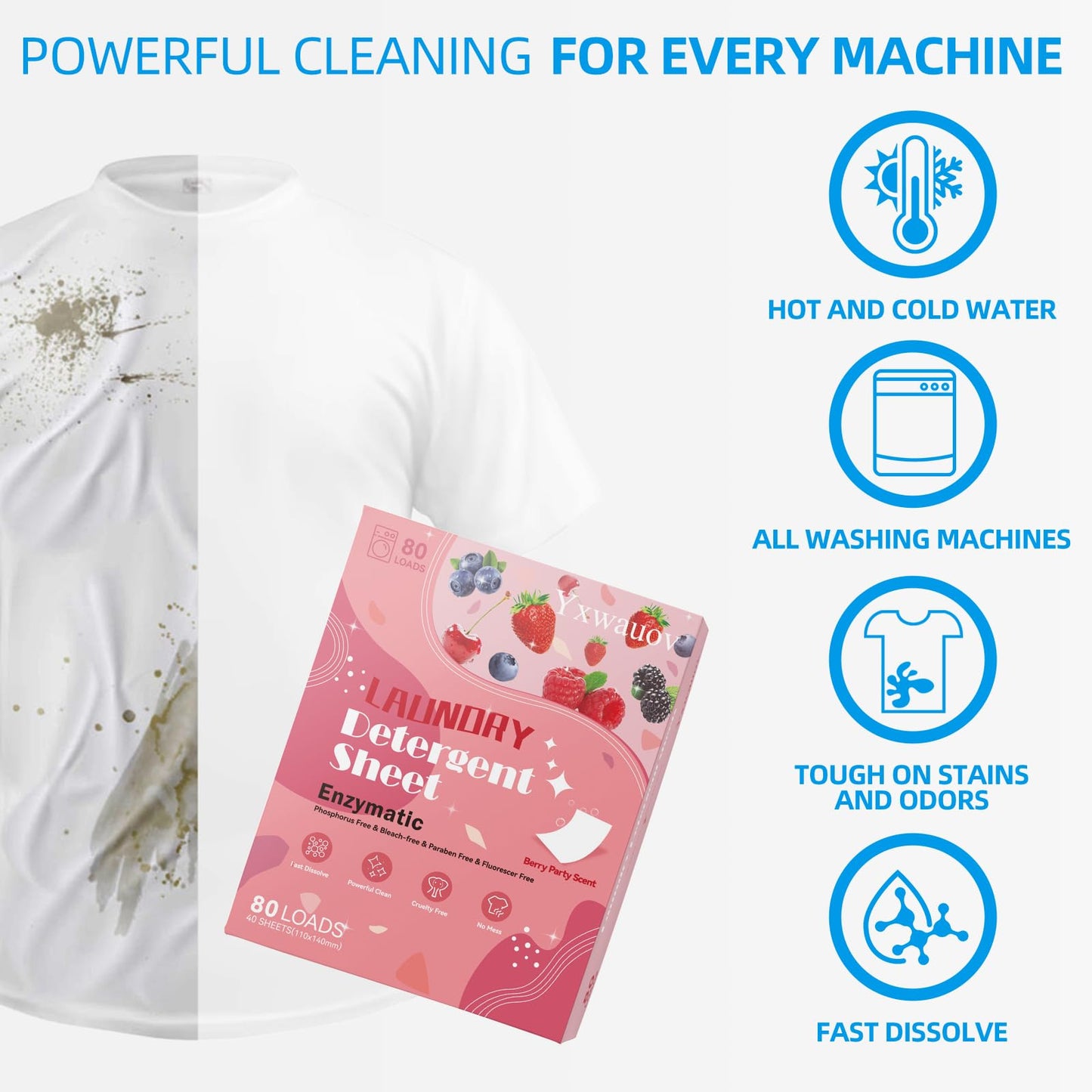 Laundry Sheet 80 Loads Eco-Friendly Laundry Soap Washer Sheets - Liquidless Detergent Plastic Free & Hypoallergenic(Berry Party Scented)