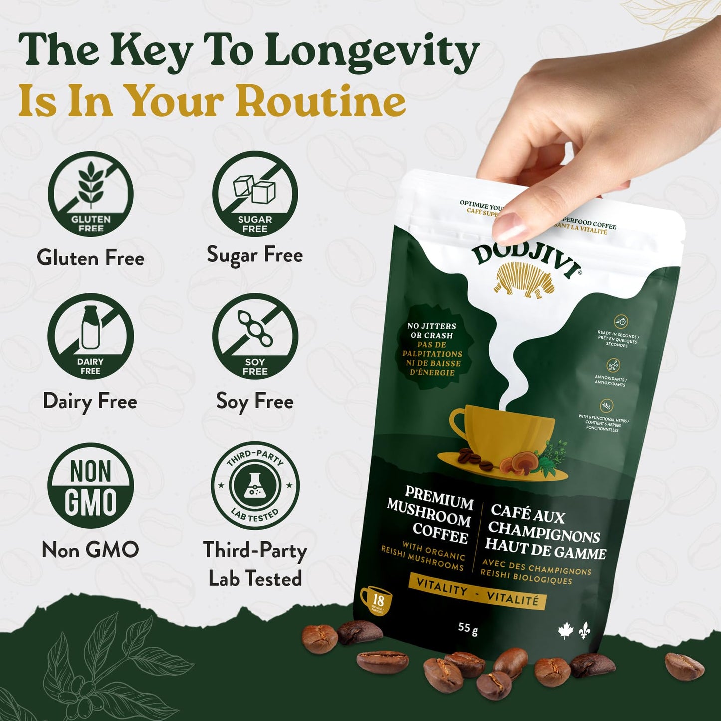 Dodjivi Organic Reishi Mushroom Coffee, Sustained Energy & Focus, Instant Coffee, Arabica with Adaptogenic Herbs, Sugar-Free, Vegan, Keto-Friendly