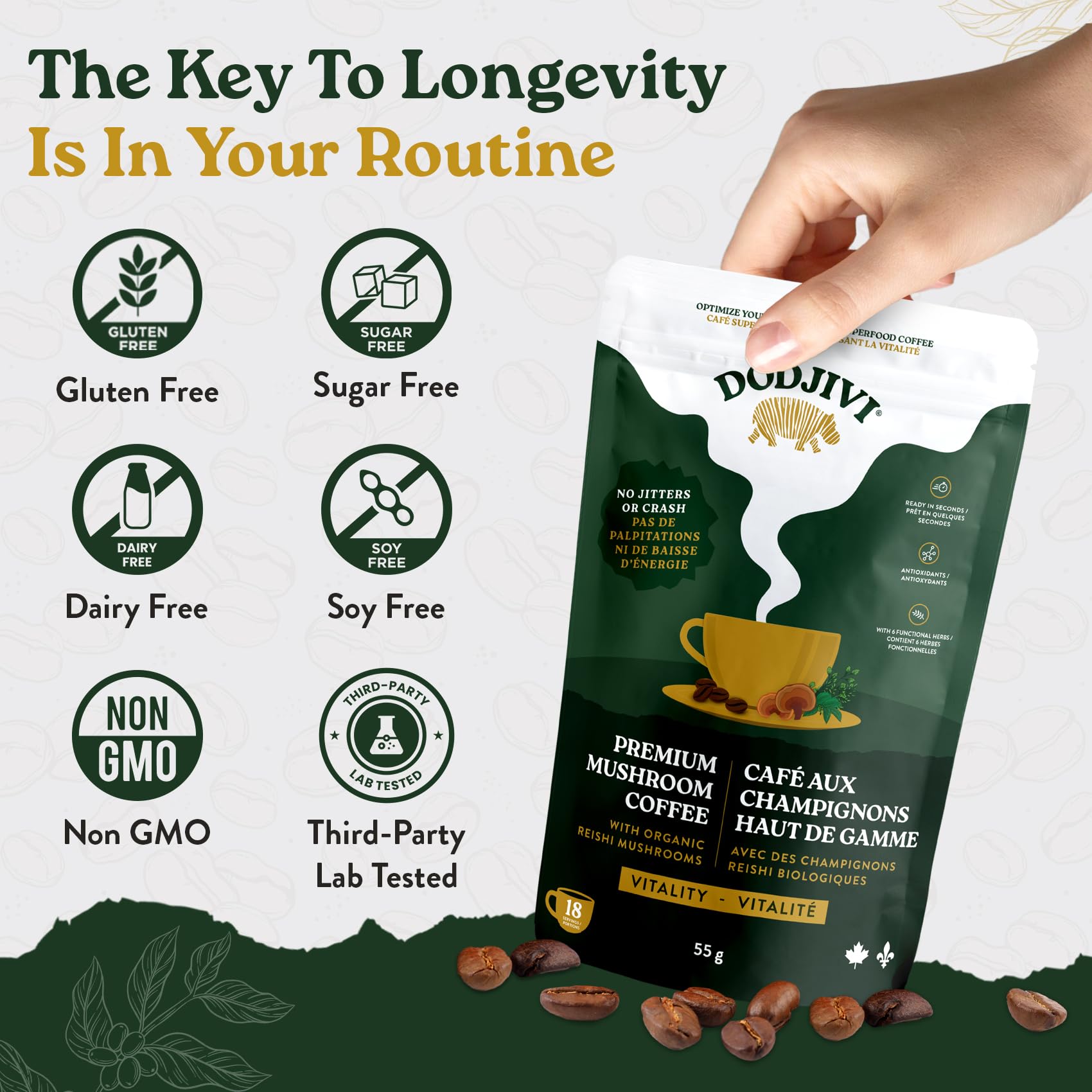 Dodjivi Organic Reishi Mushroom Coffee, Sustained Energy & Focus, Instant Coffee, Arabica with Adaptogenic Herbs, Sugar-Free, Vegan, Keto-Friendly