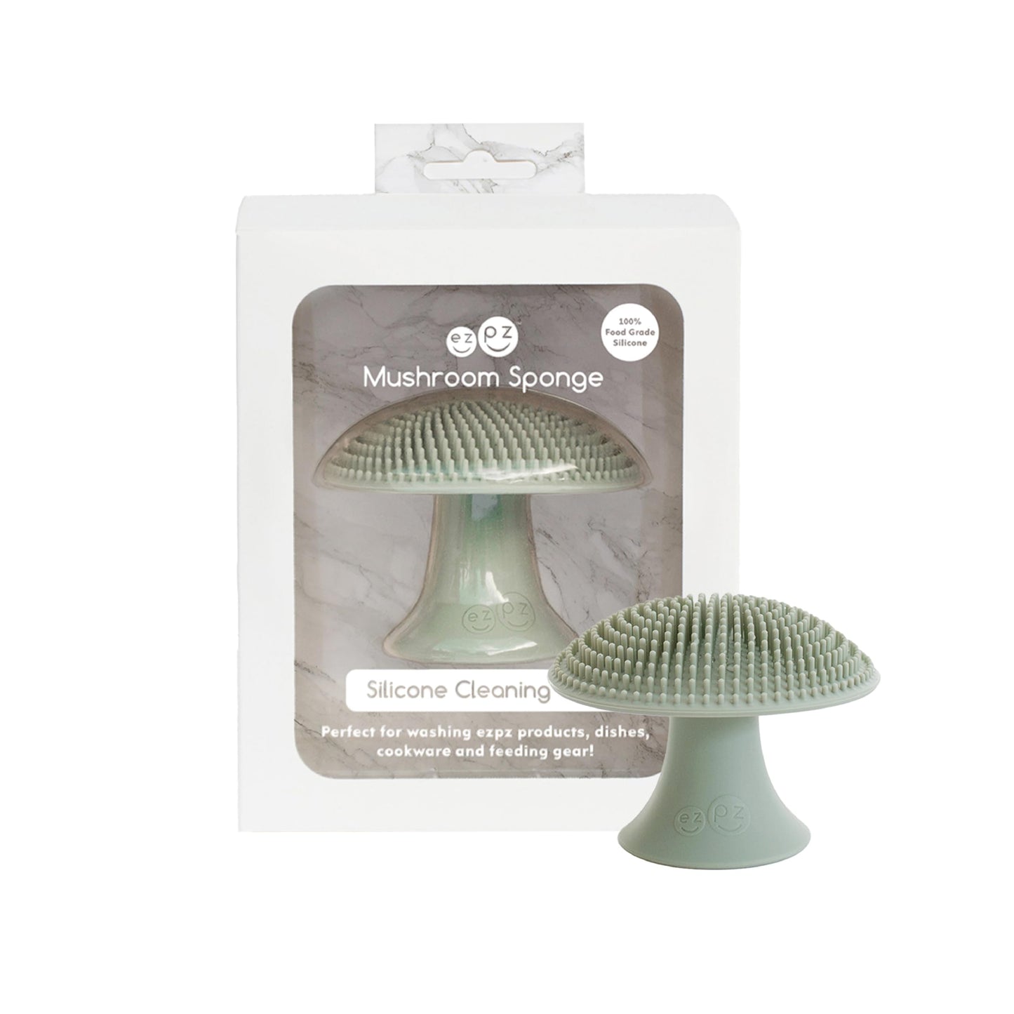 ezpz Mushroom Sponge (Sage) - Odor-Resistant Kitchen Sponge with Soft Bristles, Non-Slip Handle, Suction Base - Gently Cleans Pans, Dishes and Feeding