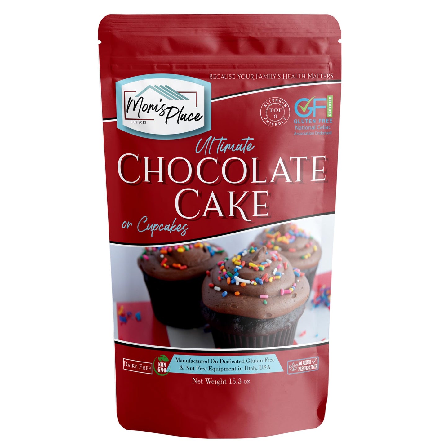 Mom's Place Gluten-Free Ultimate Chocolate Cake or Cupcake Mix, 1-Pack - Easy to Make, 12 Servings, Dairy, Nut, Soy & Corn Free, Non-GMO Delicious and Healthy Gluten Free Desserts