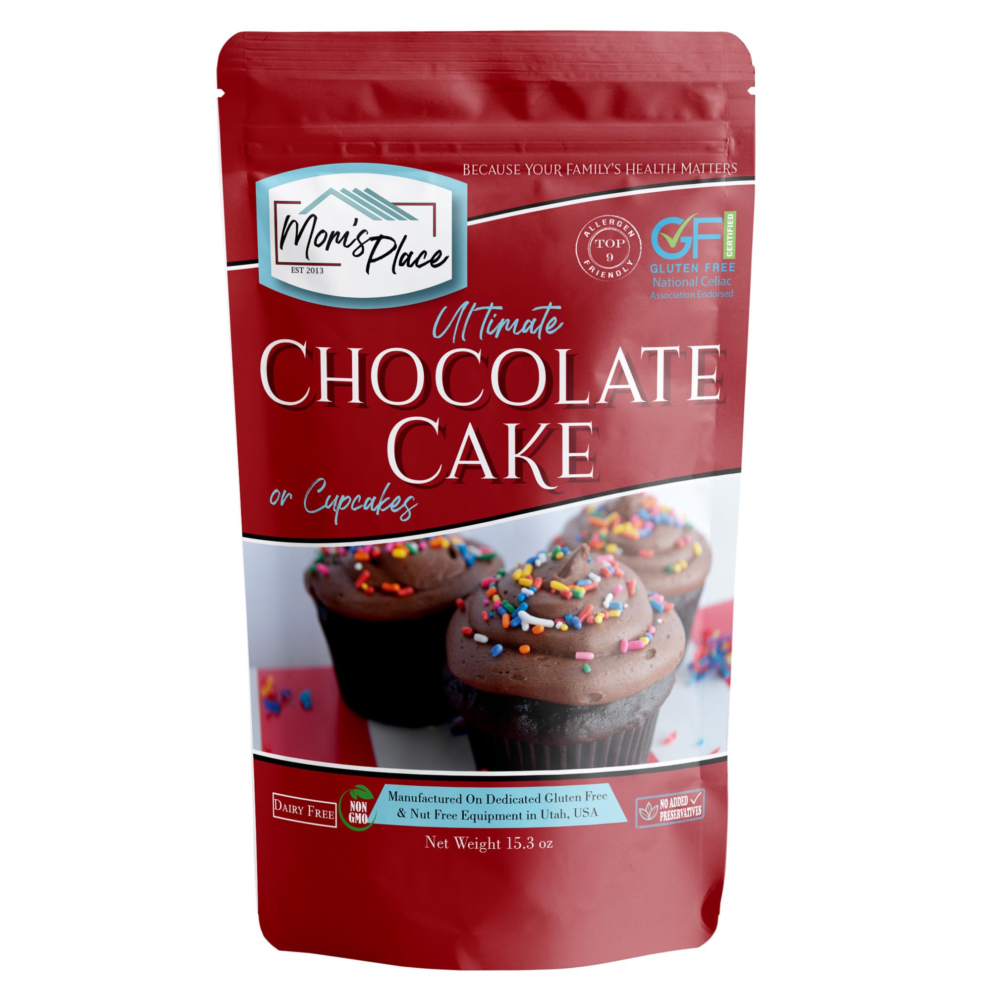 Mom's Place Gluten-Free Ultimate Chocolate Cake or Cupcake Mix, 1-Pack - Easy to Make, 12 Servings, Dairy, Nut, Soy & Corn Free, Non-GMO Delicious and Healthy Gluten Free Desserts