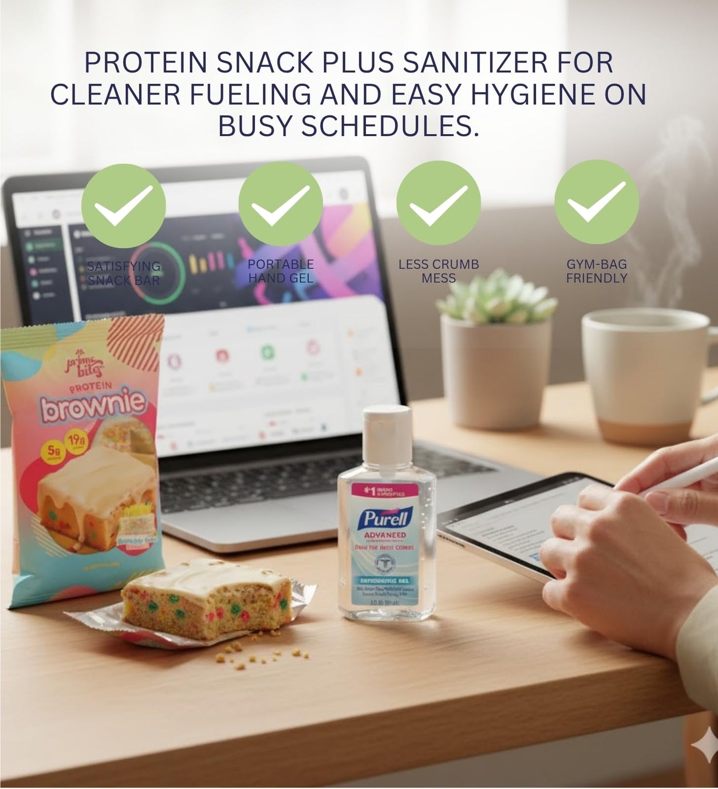 Protein Brownie - Glazed Birthday Cake Blondie Bar 2.29 oz Bundle with 2 oz Hand Sanitizer - Sweet Dessert-Inspired Snack with Convenient Travel