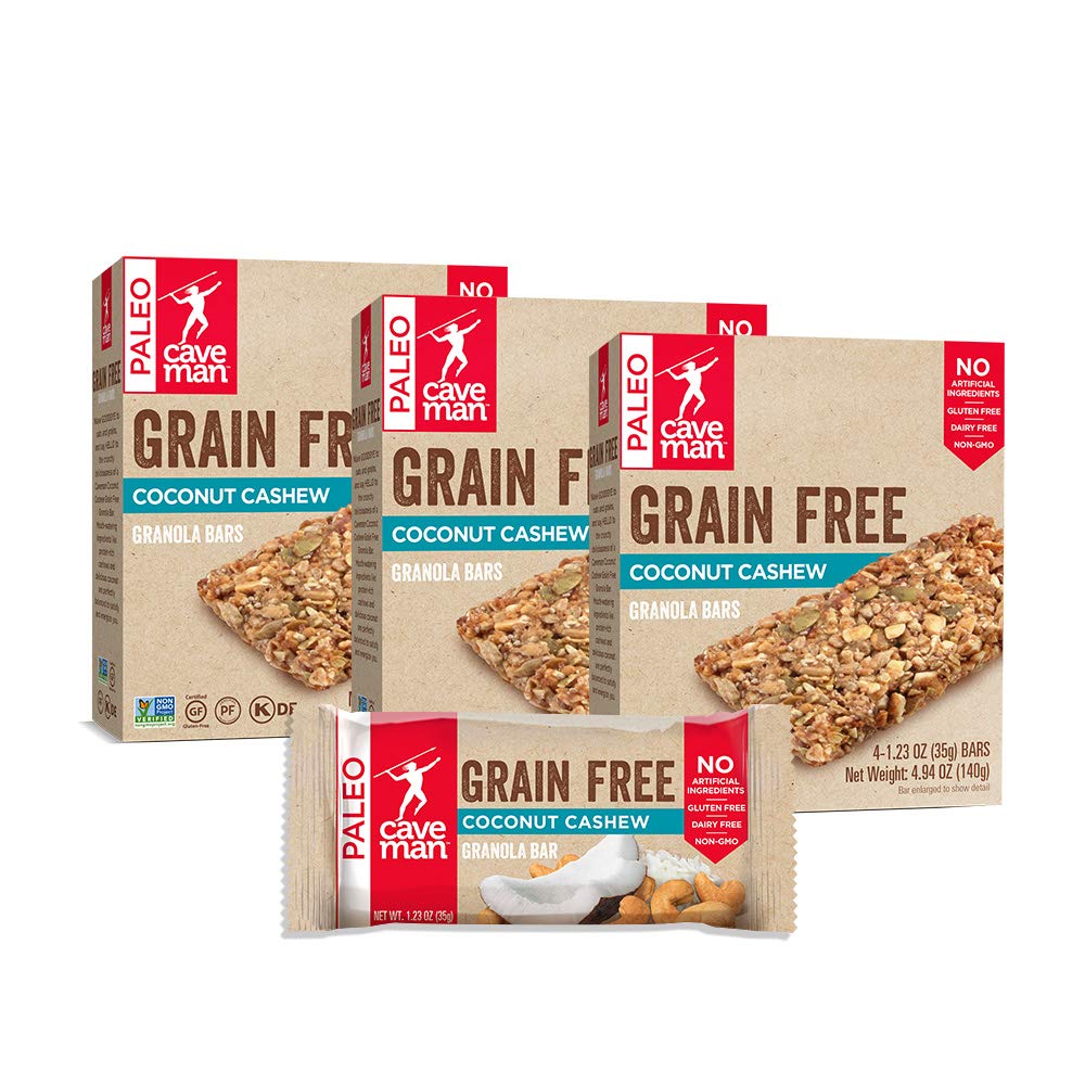 Caveman Foods Grain-Free Granola Bar Coconut Cashew 4 Count Box (Pack of 3)