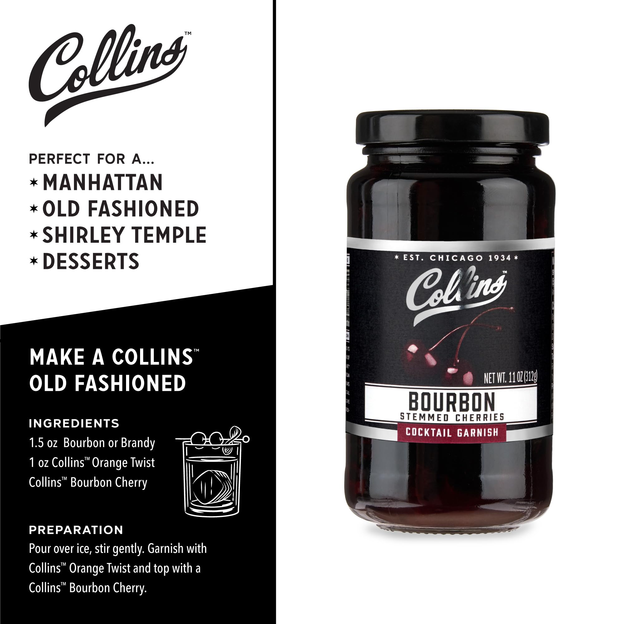 Collins Bourbon Cocktail Cherries - Drinks Garnish for Manhattan or Old Fashioned Cocktails and Desserts, Made with Award Winning Whiskey, 11 Ounce