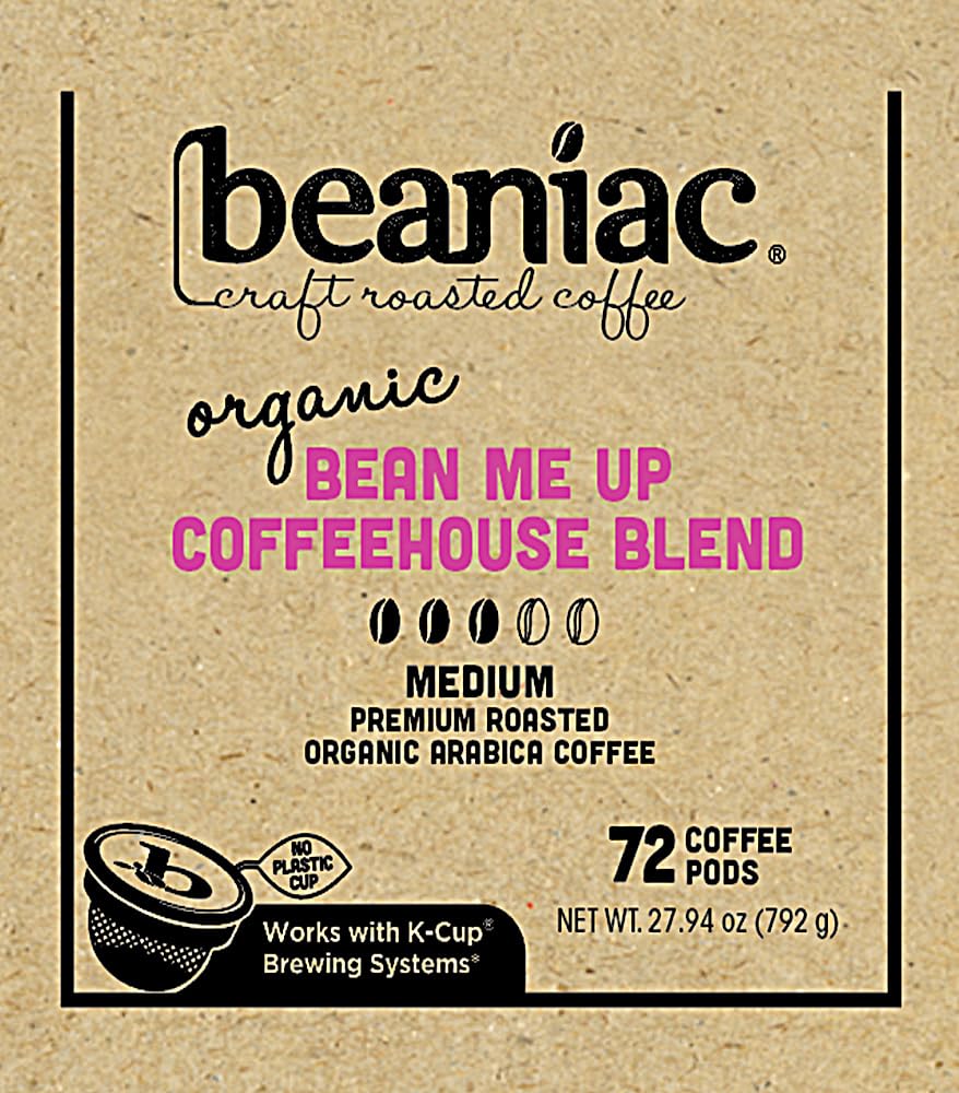 beaniac Organic Bean Me Up Coffeehouse Blend, Medium Roast, Single Serve Compostable K Cup Coffee Pods, Organic Arabica Coffee, Keurig Brewer